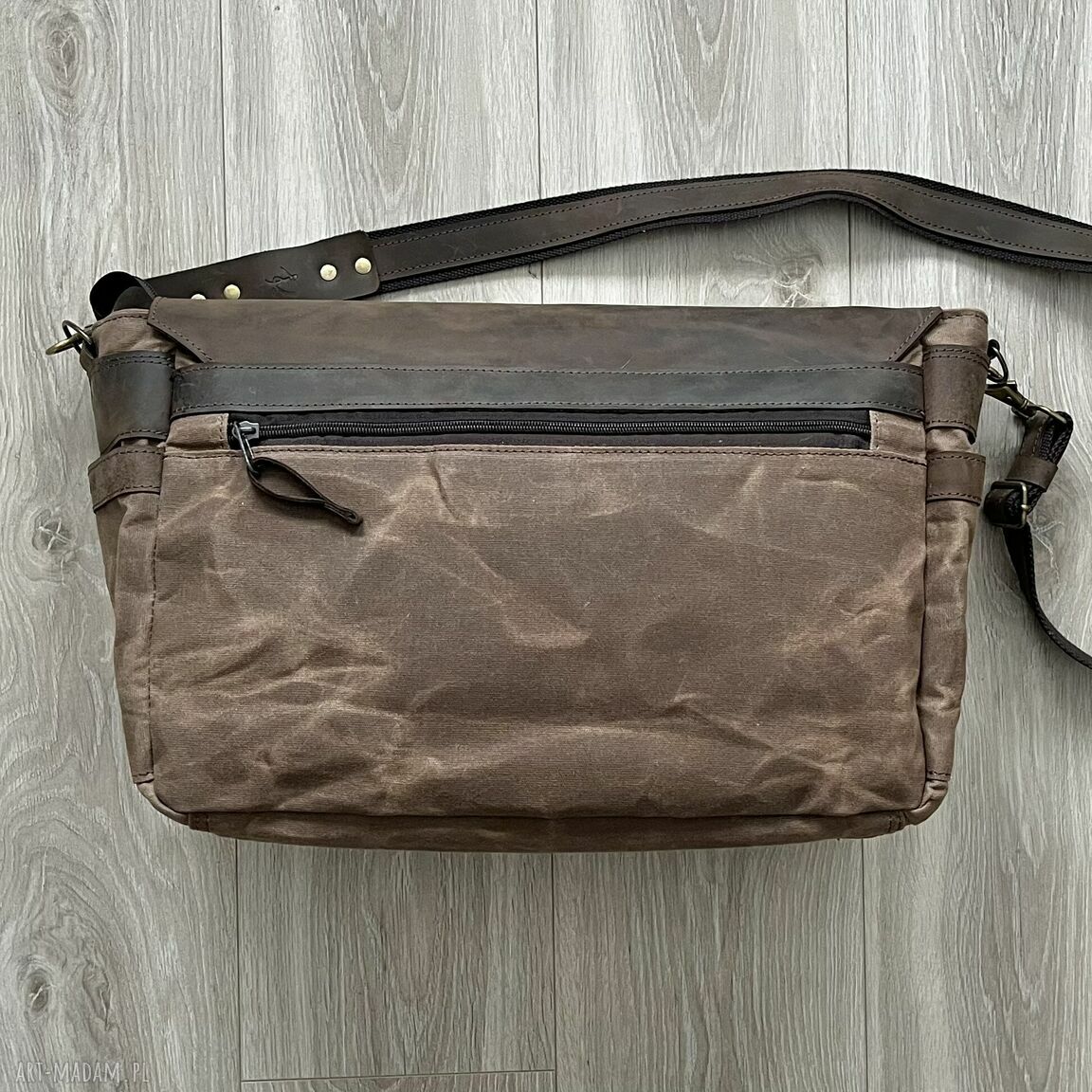 teczki: Duża brązowa torba ze skóry i bawełny woskowanej Vintage. Ręcznie zrobione