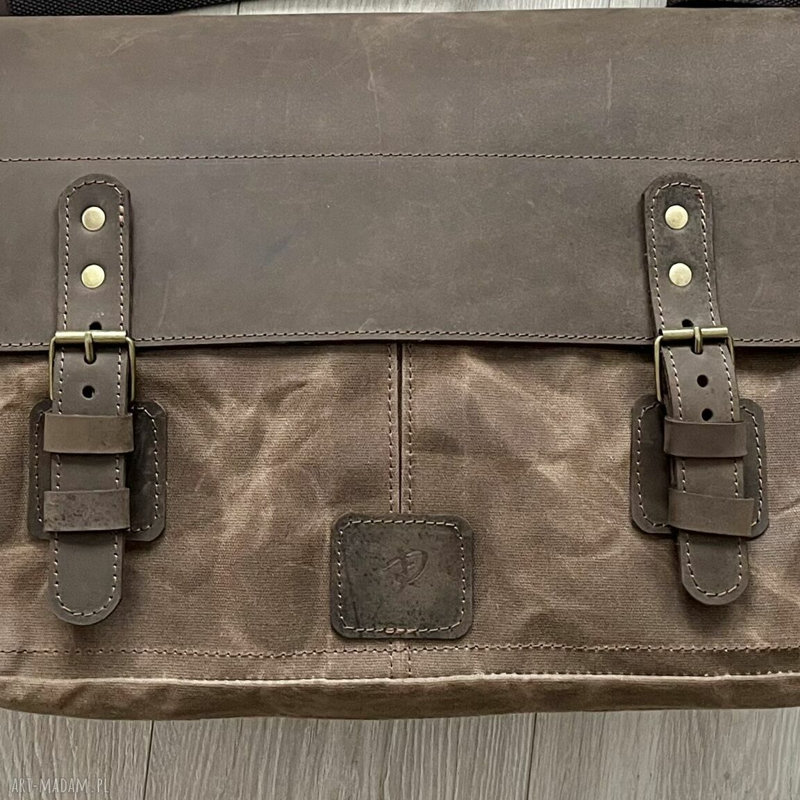 teczki: Duża brązowa torba ze skóry i bawełny woskowanej Vintage. Ręcznie zrobione