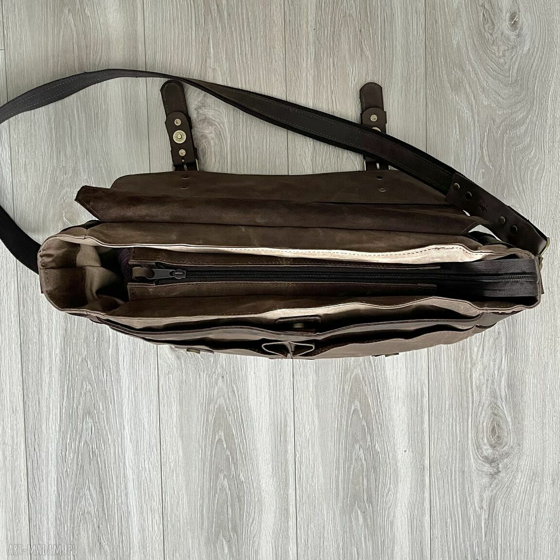 teczki: Duża brązowa torba ze skóry i bawełny woskowanej Vintage. Ręcznie zrobione