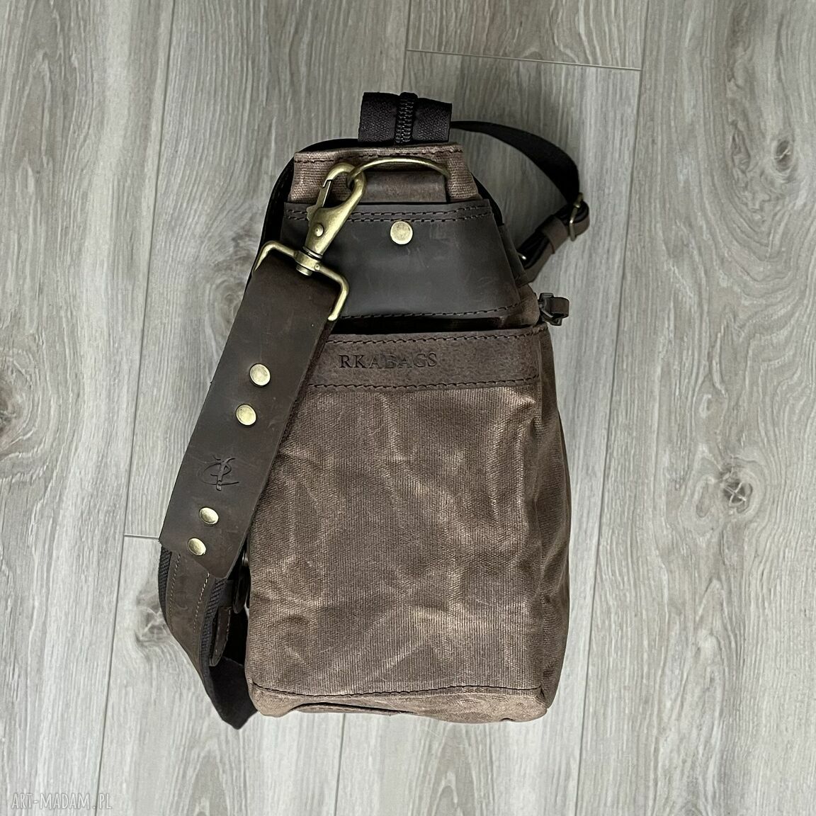 teczki: Duża brązowa torba ze skóry i bawełny woskowanej Vintage. Ręcznie zrobione