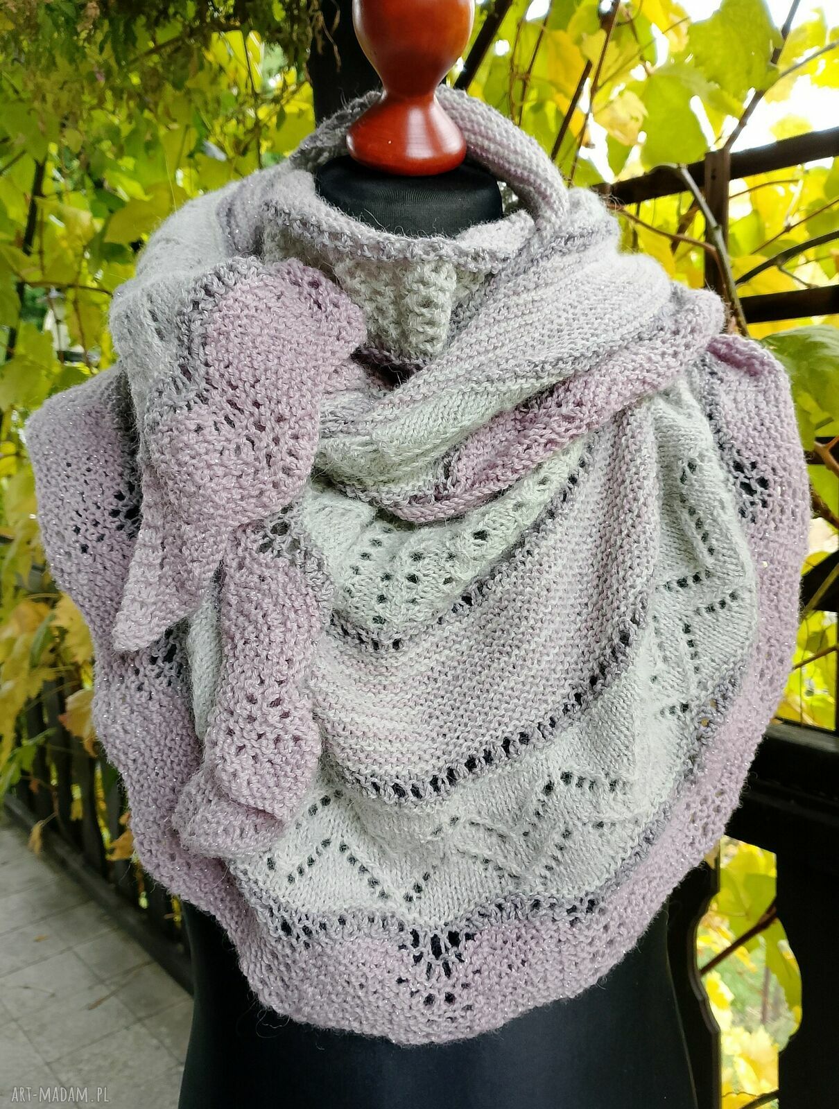 Duża ręcznie robiona chusta merino w szaro-różowych odcieniach