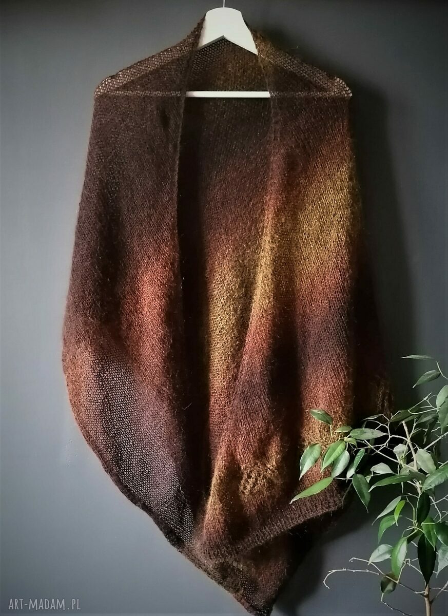 Duża chusta z merino i kidmohair ręcznie robiona (brązowa)