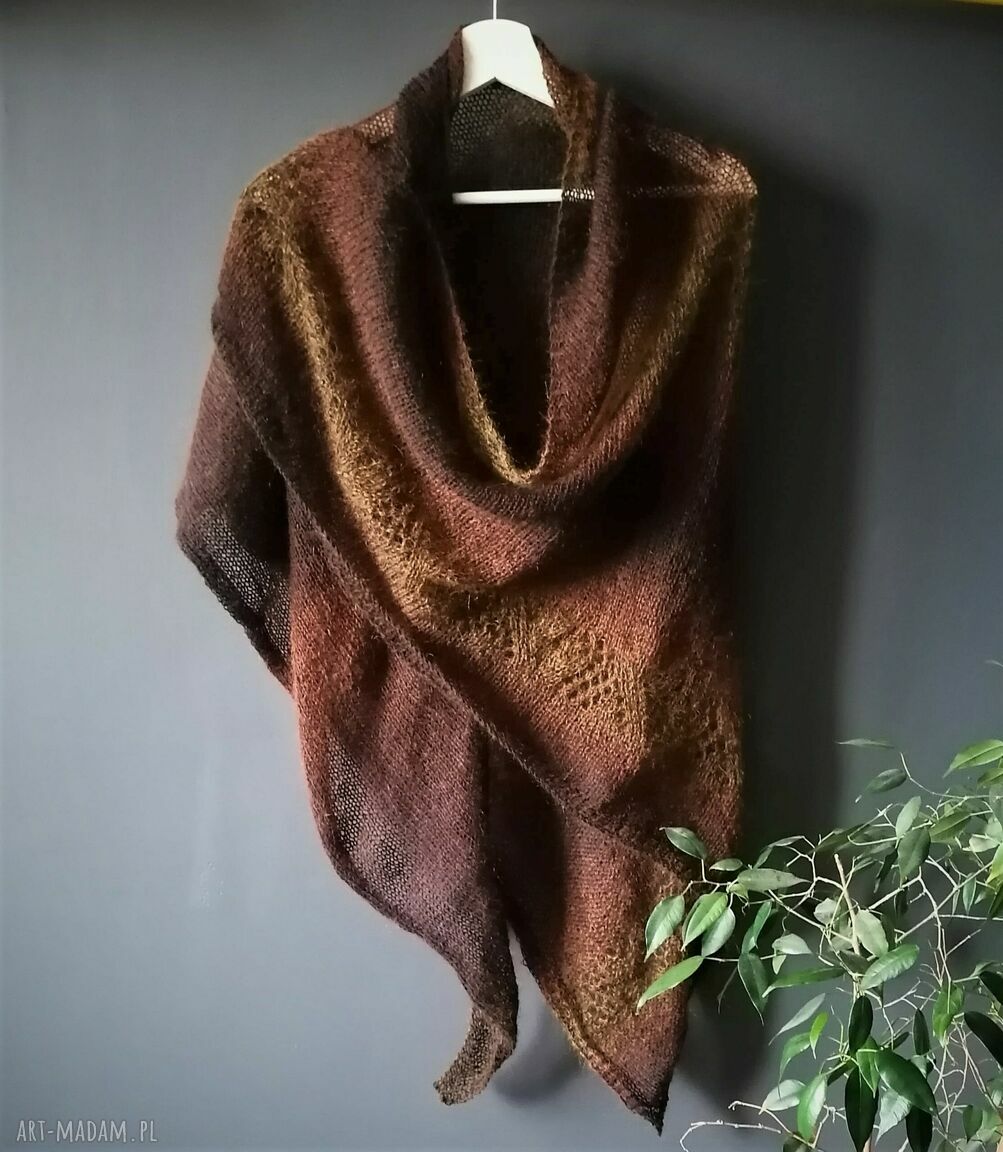 Duża chusta z merino i kidmohair - ręcznie robiona (brązowa)
