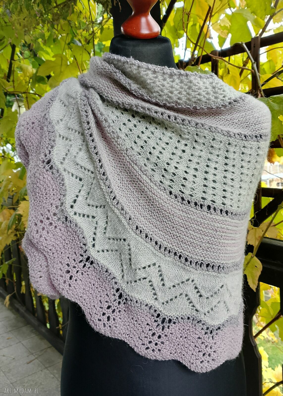Duża ręcznie robiona chusta merino w szaro-różowych odcieniach