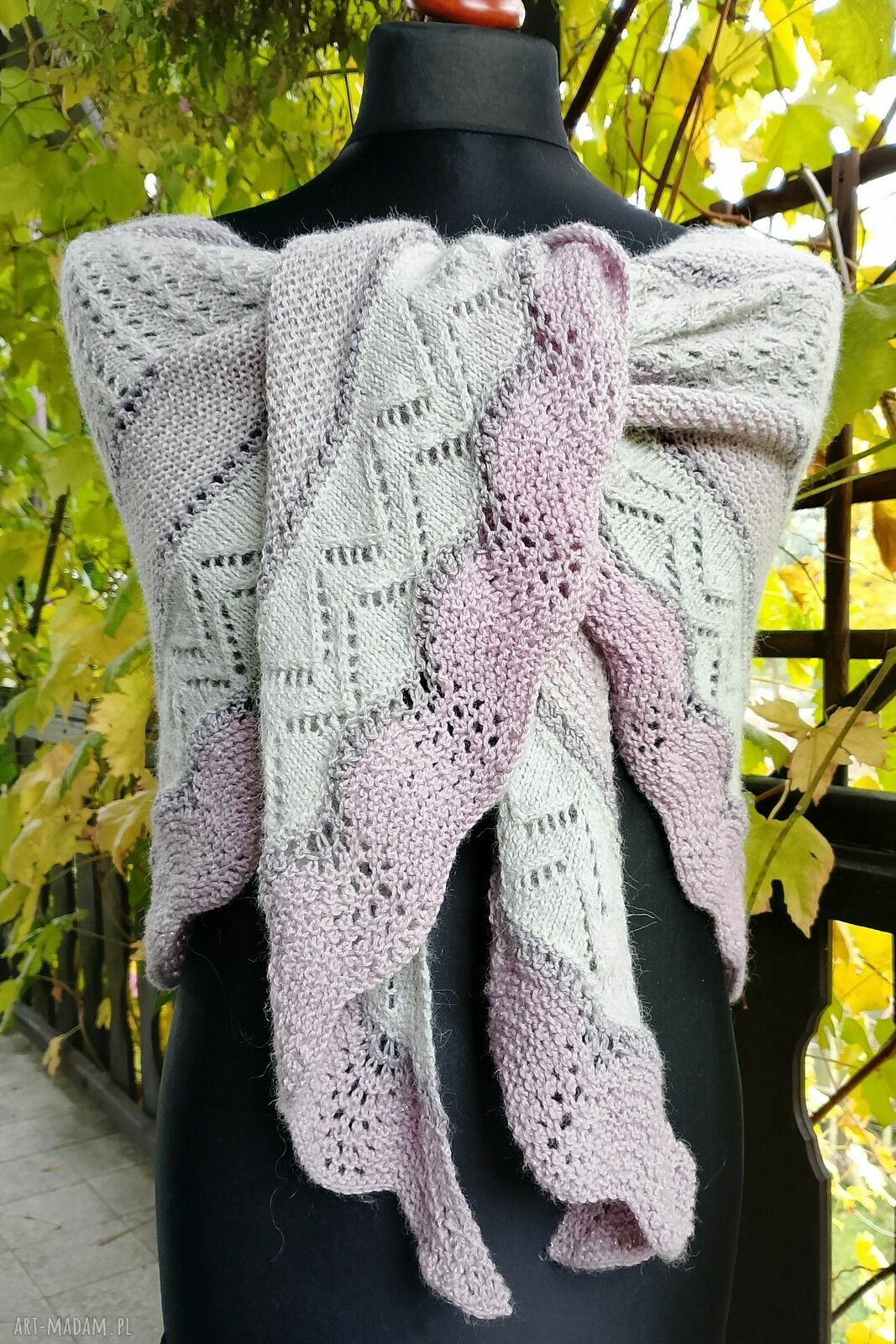 Duża ręcznie robiona chusta merino w szaro-różowych odcieniach