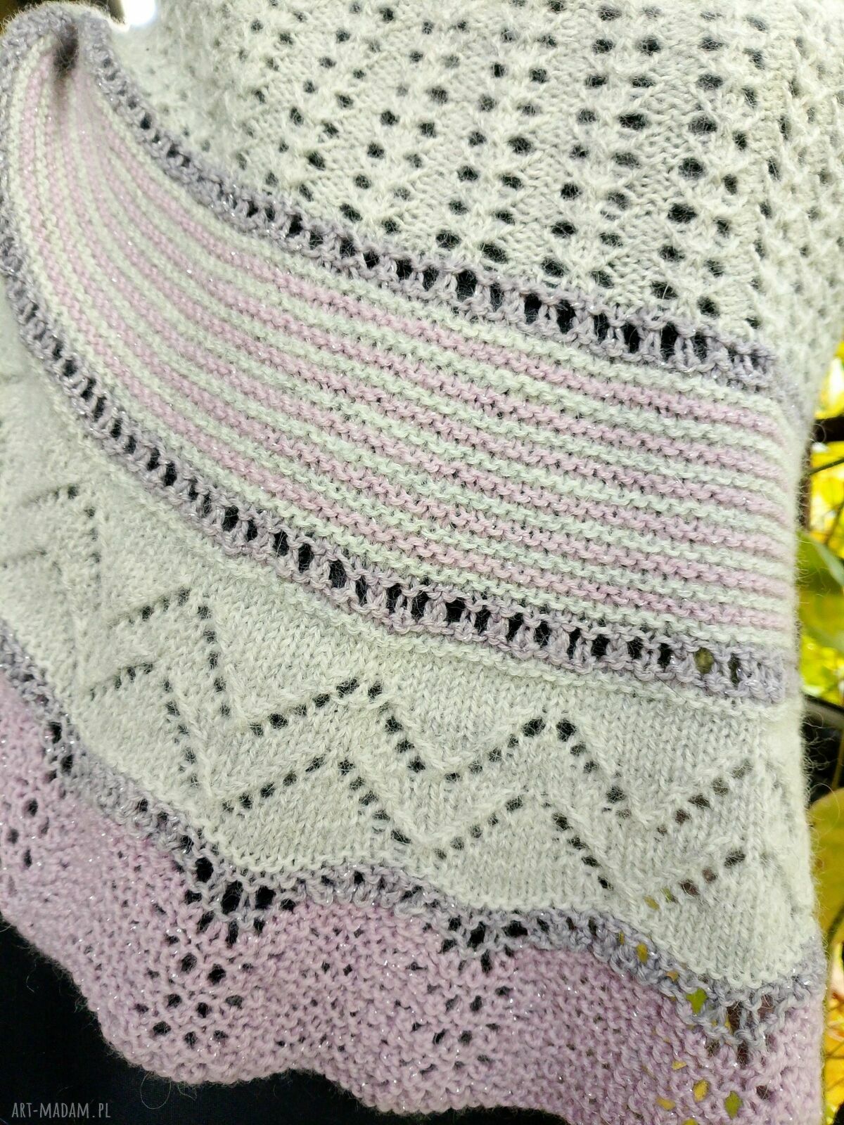 Duża ręcznie robiona chusta merino w szaro-różowych odcieniach