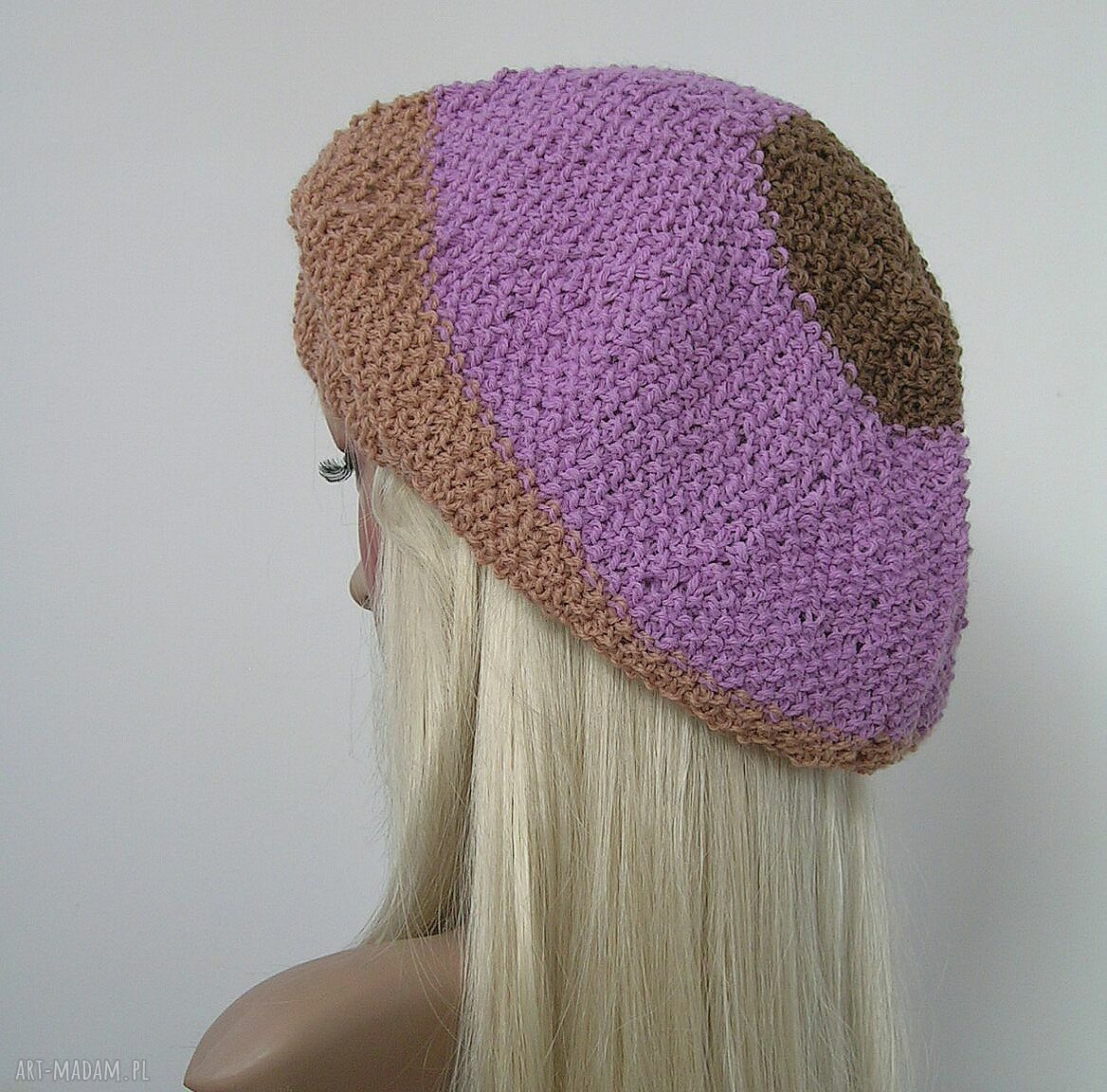 Duża czapka w stylu boho - beż, fiolet, brąz (56-58 cm)