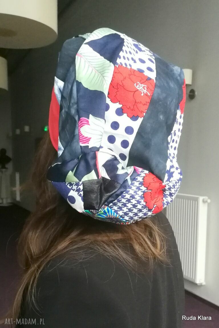 Duża czapka turbanowa etno boho patchwork - Ruda Klara, rozmiar 56-57 (na podszewce)