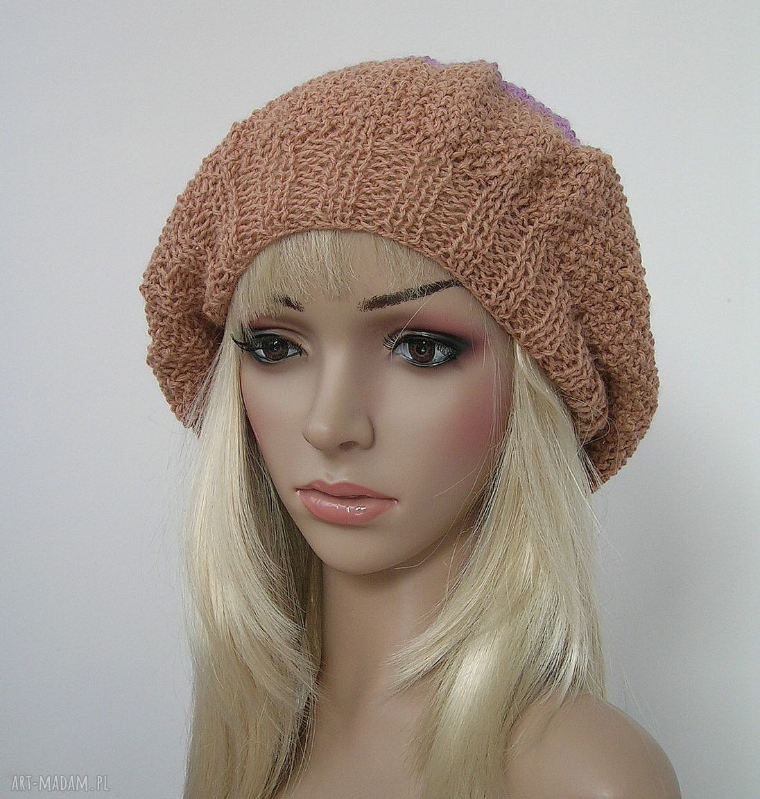 Duża czapka w stylu boho - beż, fiolet, brąz (56-58 cm)