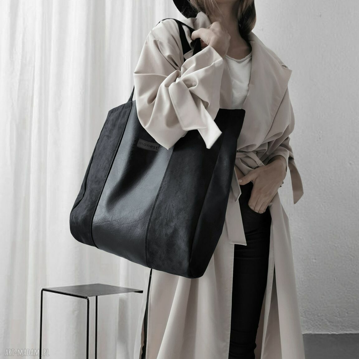 Duża czarna torba oversize XL - eko zamsz Simply Balance na zamek
