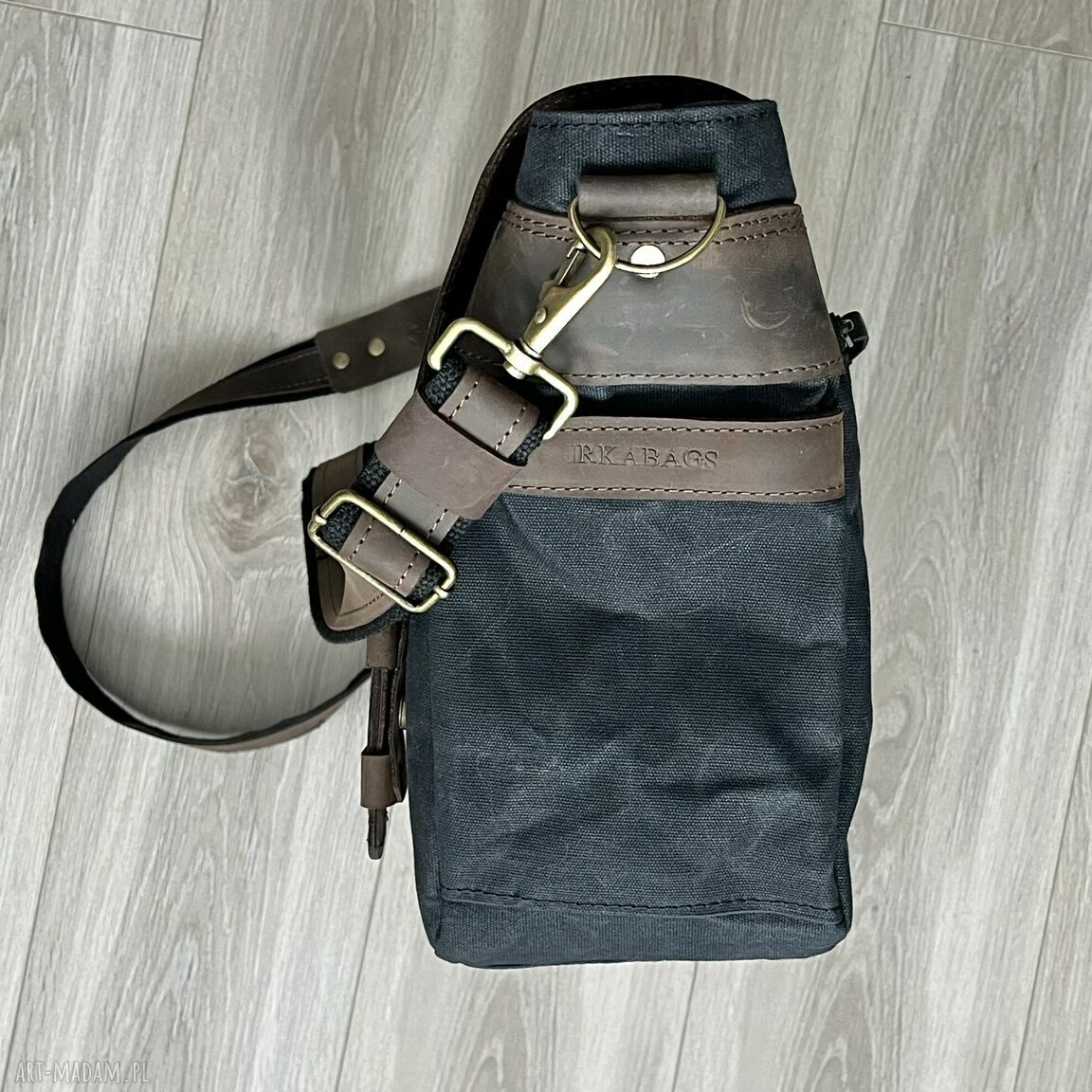 teczki: Duża czarna torba ze skóry i bawełny Vintage. Ręcznie wykonane