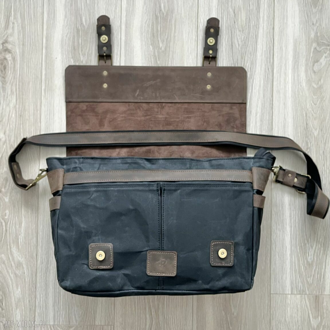 teczki: Duża czarna torba ze skóry i bawełny Vintage. Ręcznie wykonane