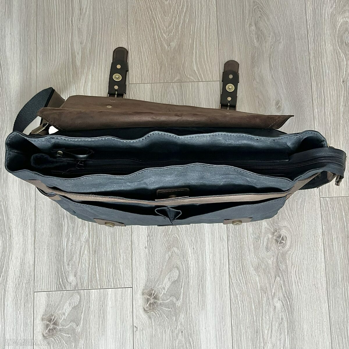 teczki: Duża czarna torba ze skóry i bawełny Vintage. Ręcznie wykonane