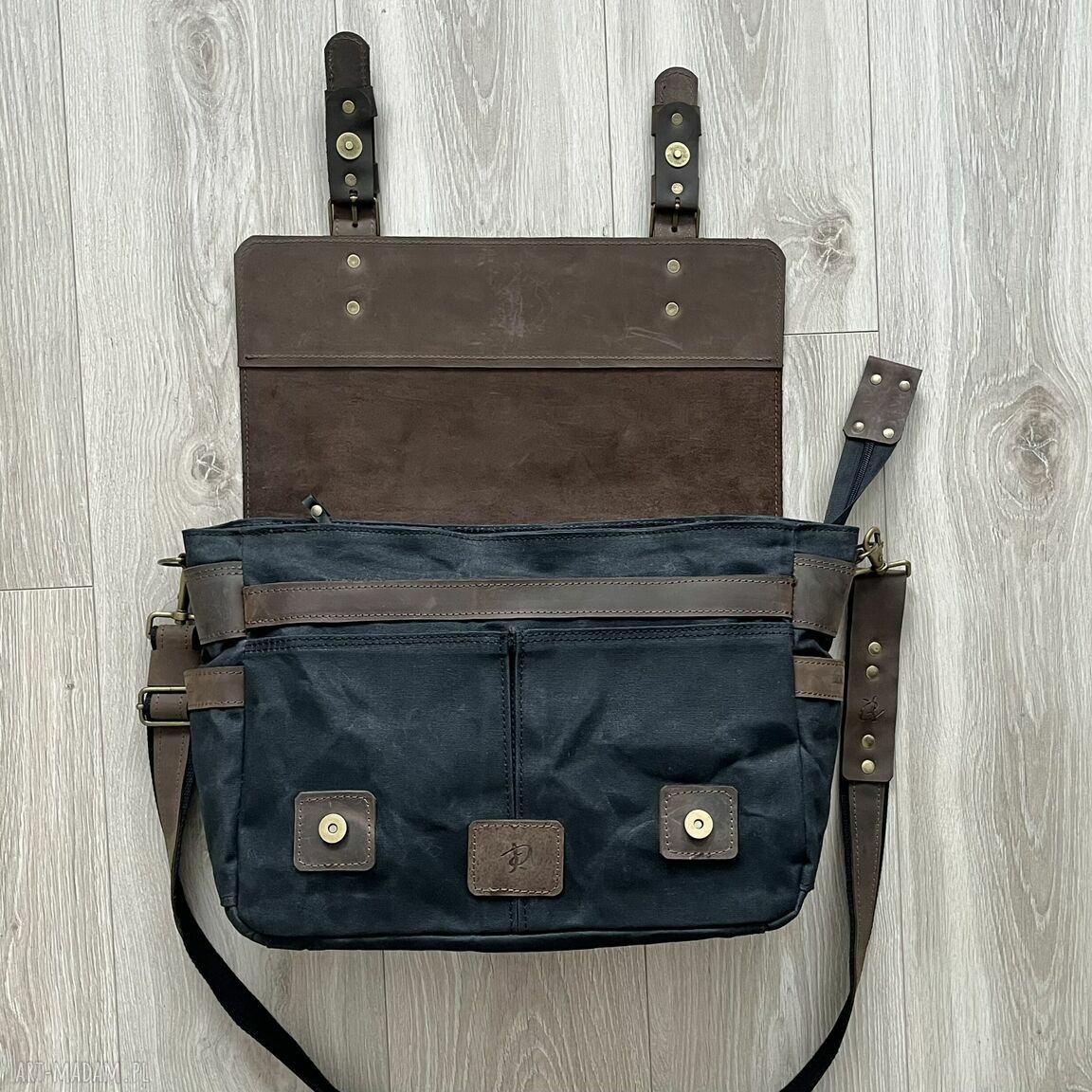 teczki: Duża czarna torba ze skóry i bawełny Vintage. Ręcznie wykonane