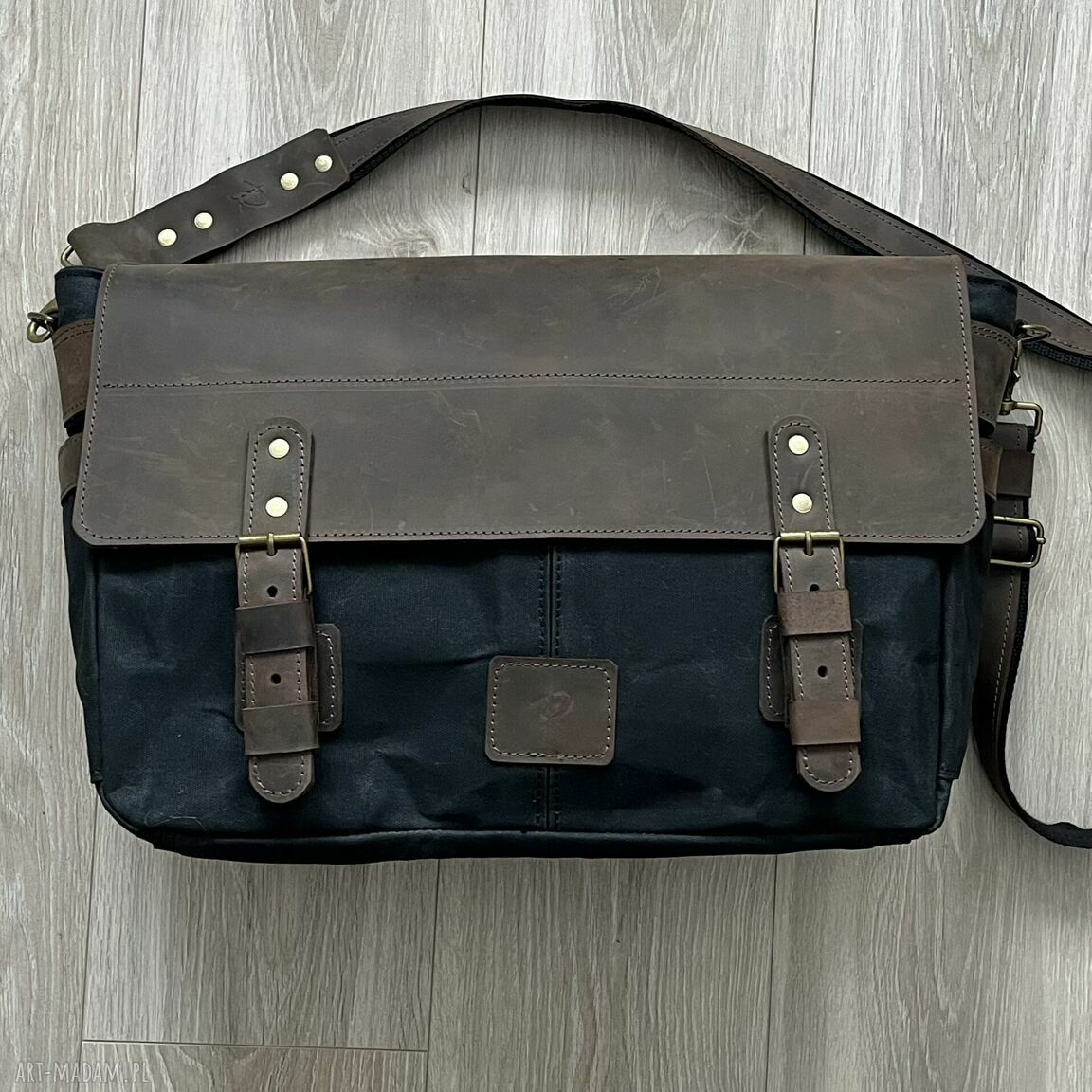 Duża czarna torba skóry bawełny vintage teczka ramię