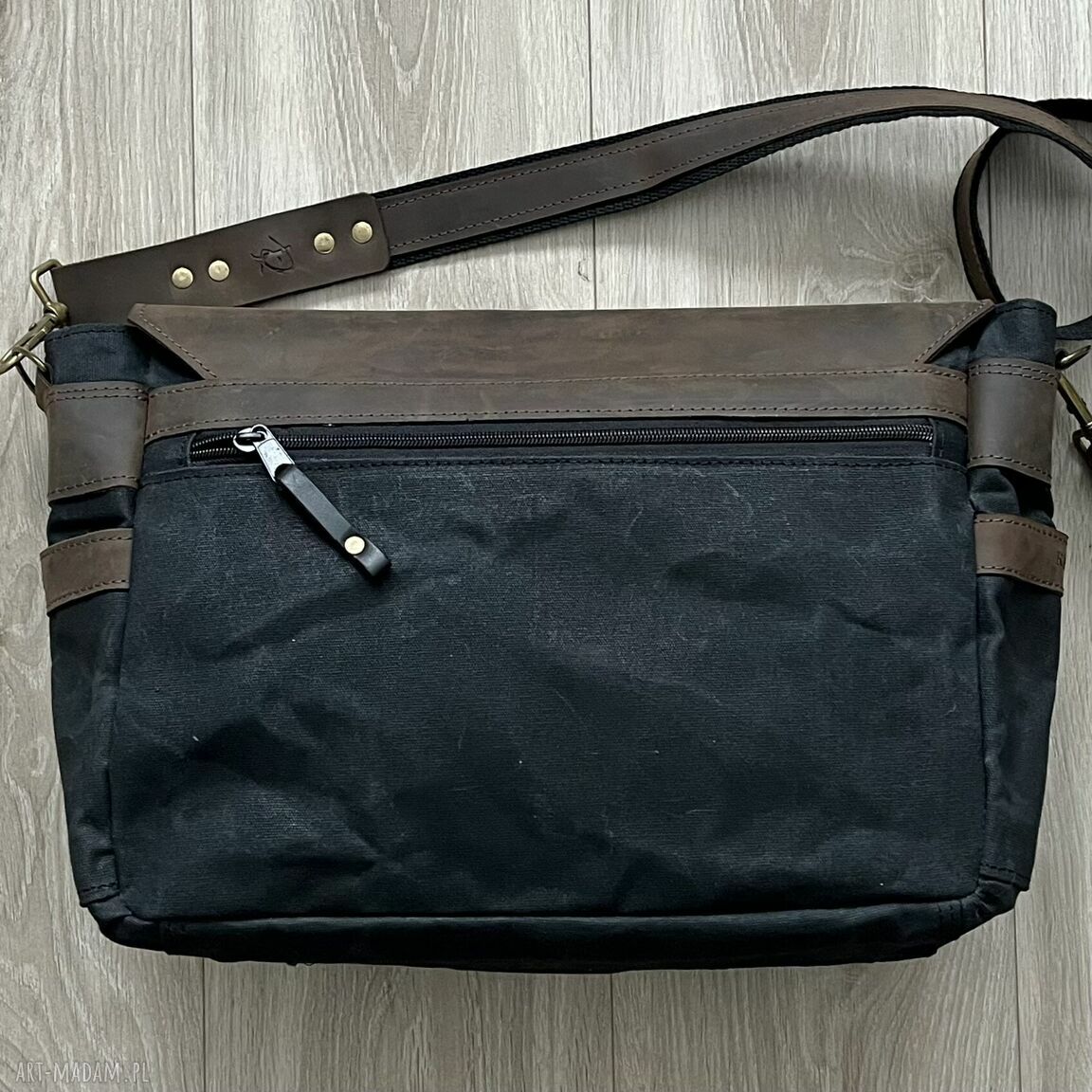 Duża czarna teczka na ramię vintage A4 z Wax Cotton i Crazy Horse
