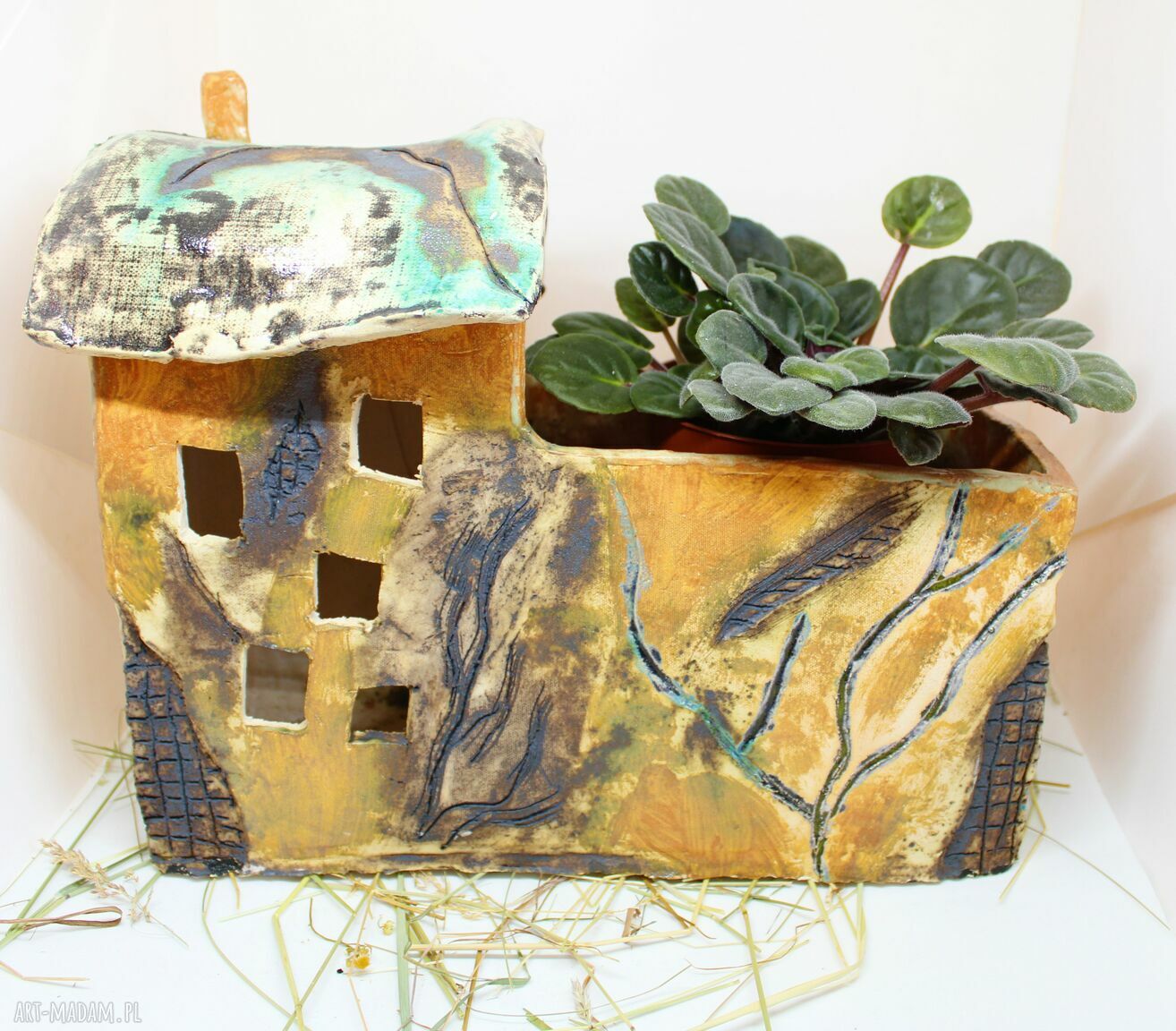 Duża donica domek ceramiczny 33x26 cm - rękodzieło do ziół i dekoracji