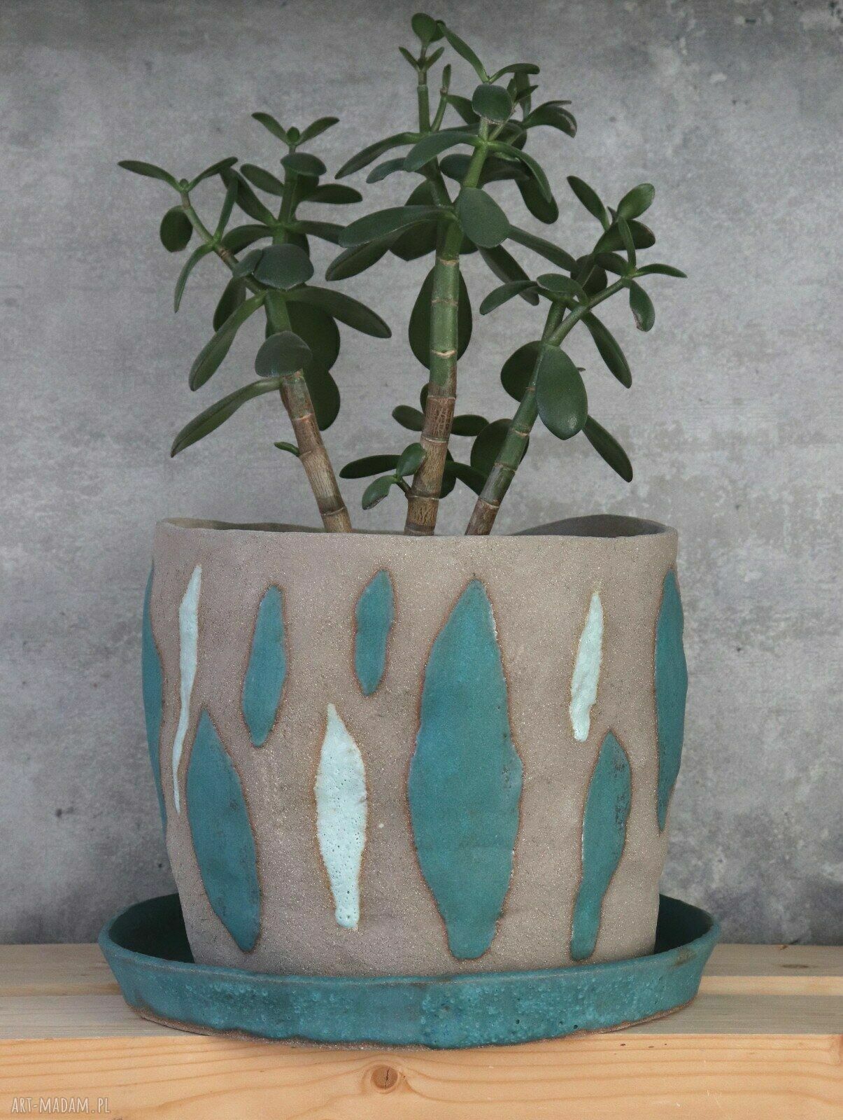 Duża donica ceramiczna handmade - szara glina i niebieskie szkliwo