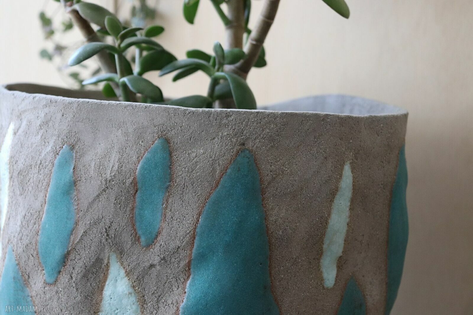 Duża donica ceramiczna handmade - szara glina i niebieskie szkliwo