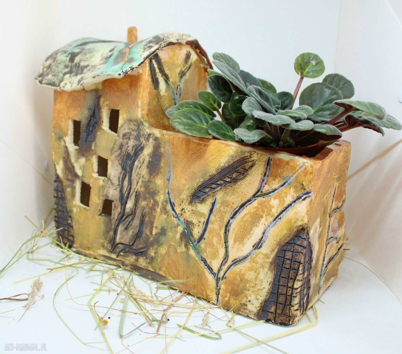 Duża donica domek ceramiczny 33x26 cm - rękodzieło do ziół i dekoracji