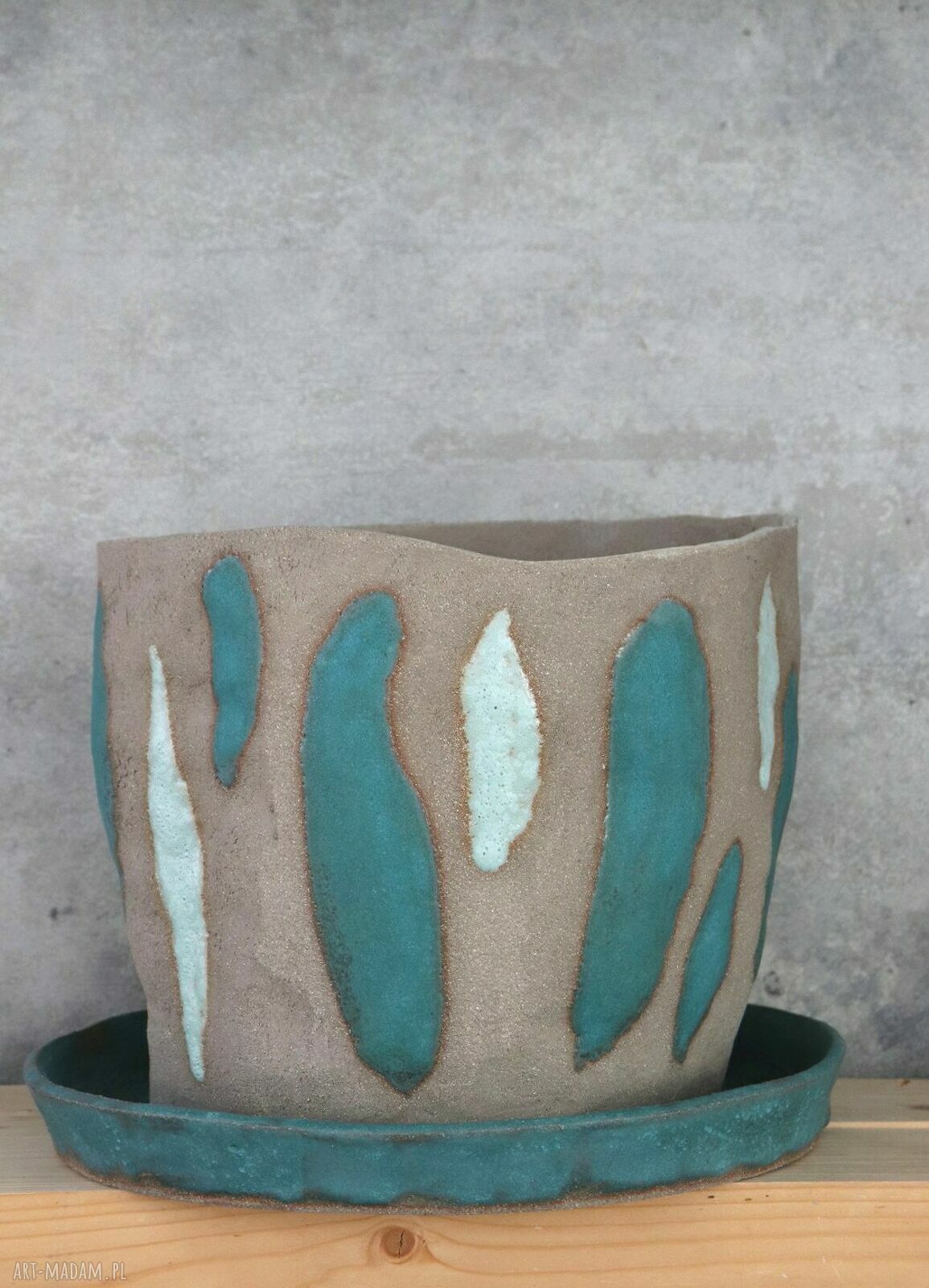 Duża donica ceramiczna handmade - szara glina i niebieskie szkliwo