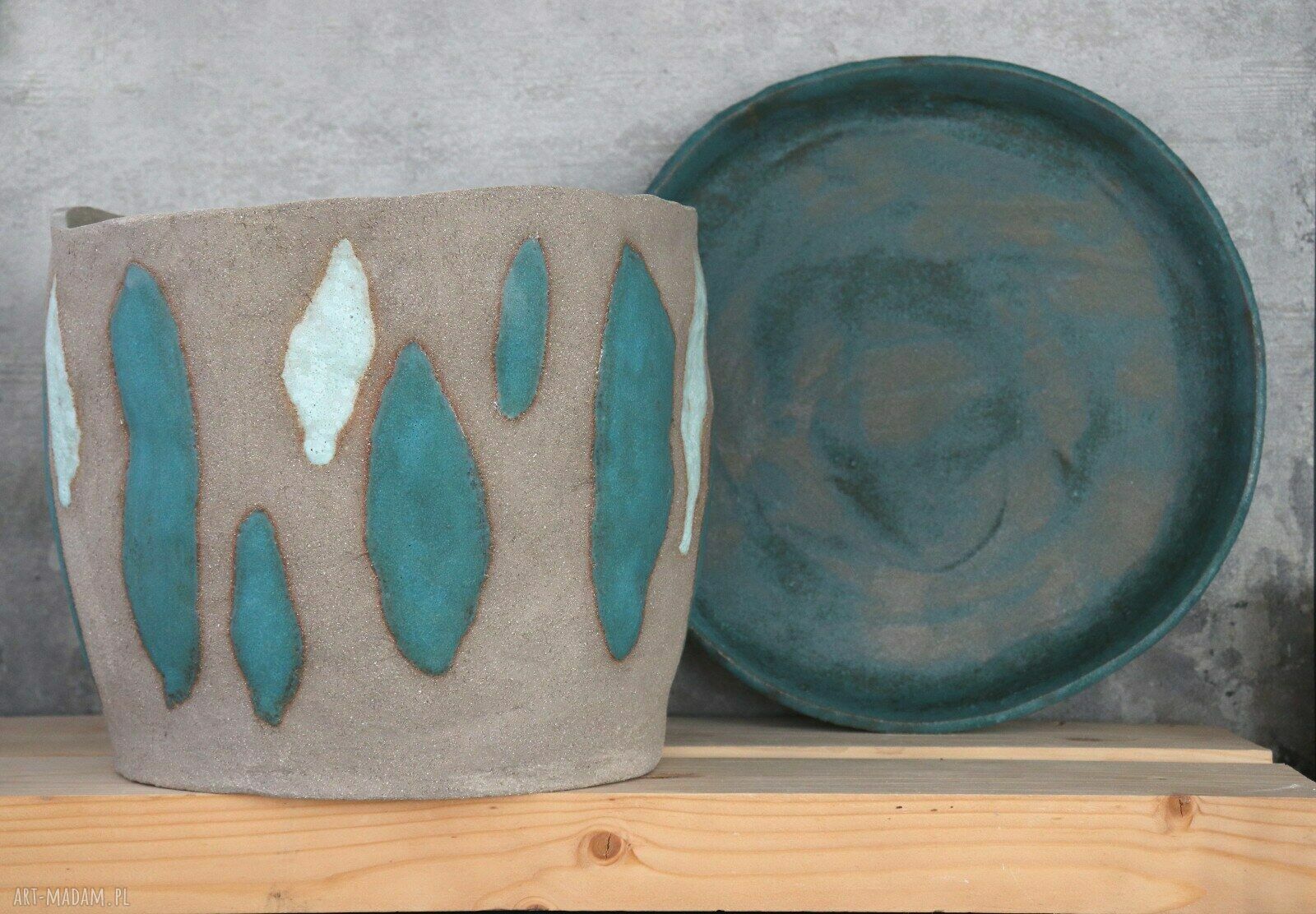 Duża donica ceramiczna handmade - szara glina i niebieskie szkliwo