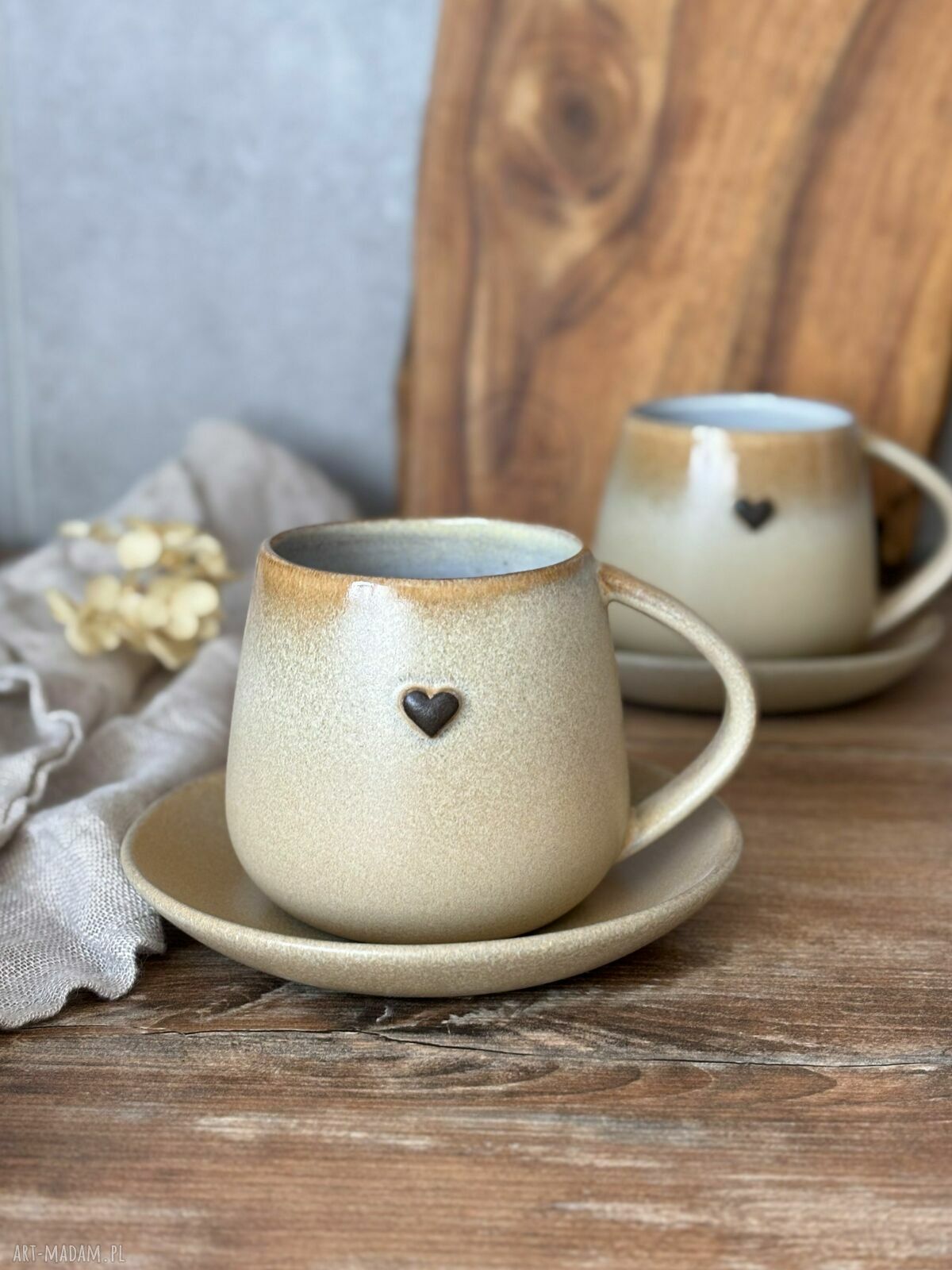 Duża filiżanka-kubek beczułka 320 ml ze spodkiem - Pustynny piach boho