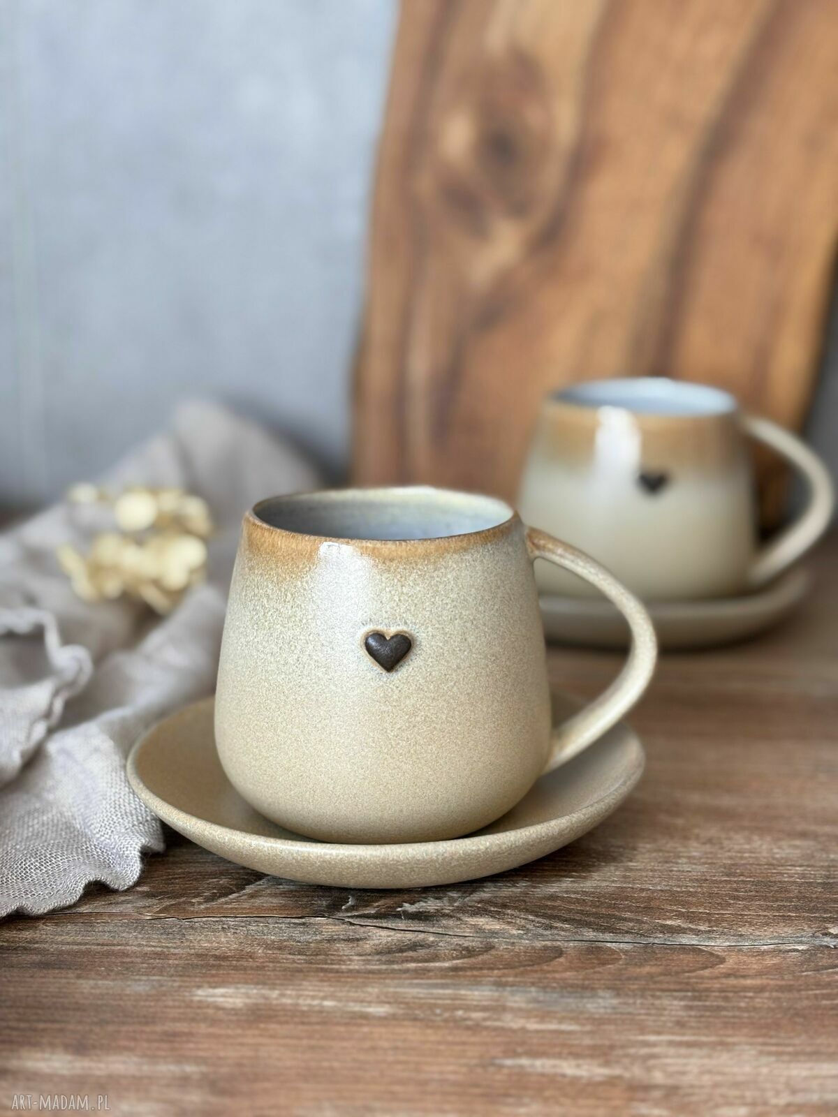 Duża filiżanka-kubek beczułka 320 ml ze spodkiem - Pustynny piach boho