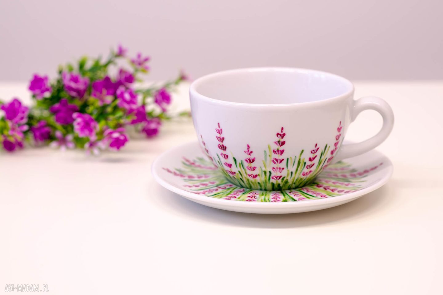 Duża filiżanka motyw lawendy 280 ml - ręcznie malowana porcelana