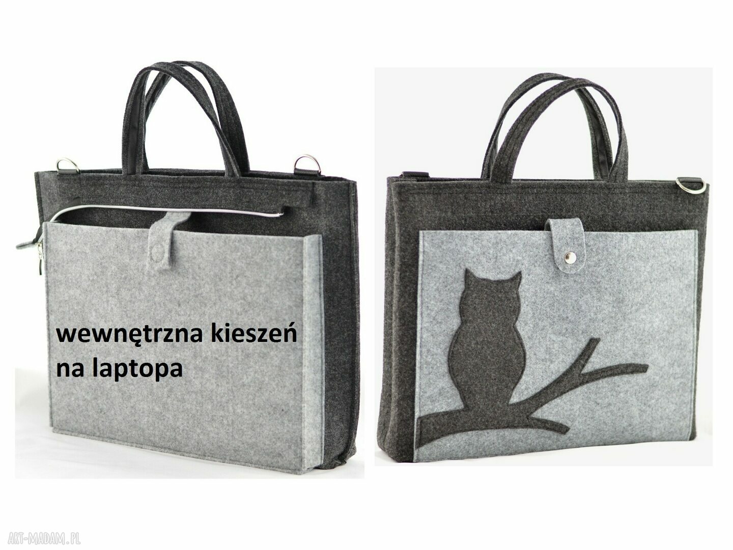 Duża grafitowa filcowa torba na laptopa z sową