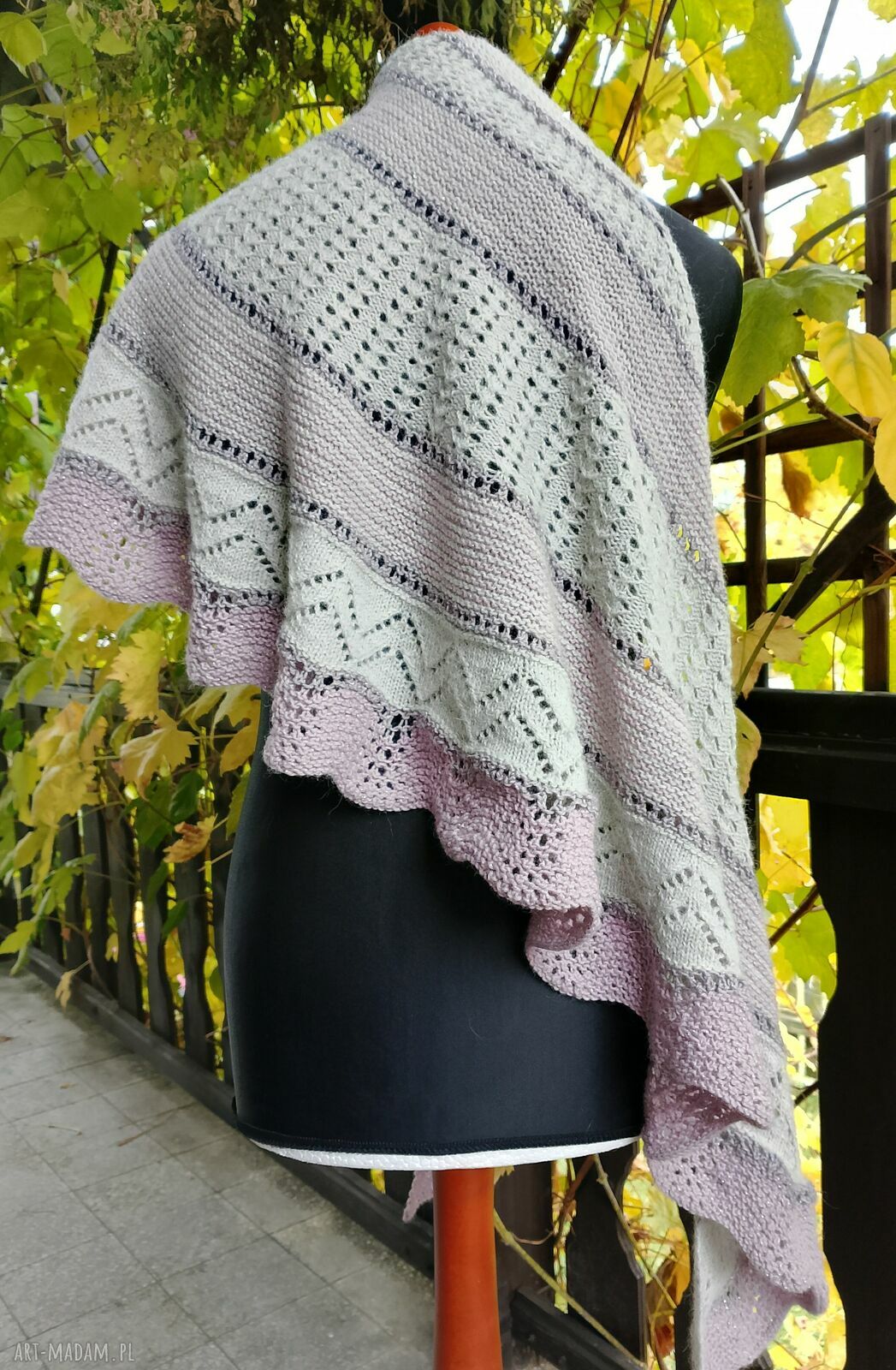 Duża ręcznie robiona chusta merino w szaro-różowych odcieniach