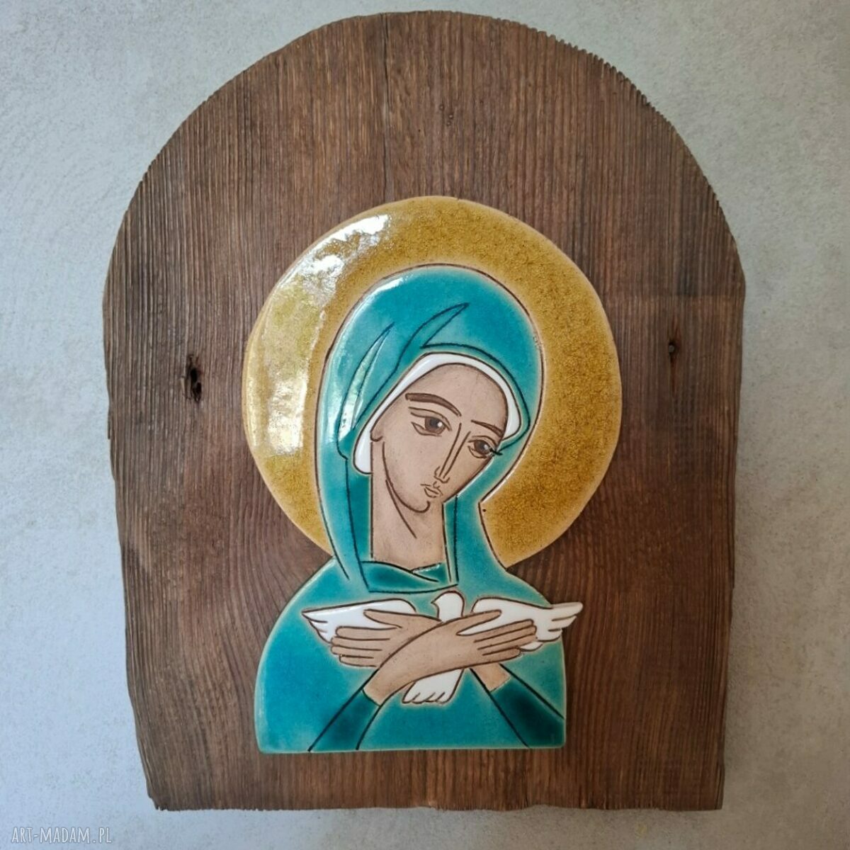 Duża ikona ceramiczna Pneumatofora na starym drewnie
