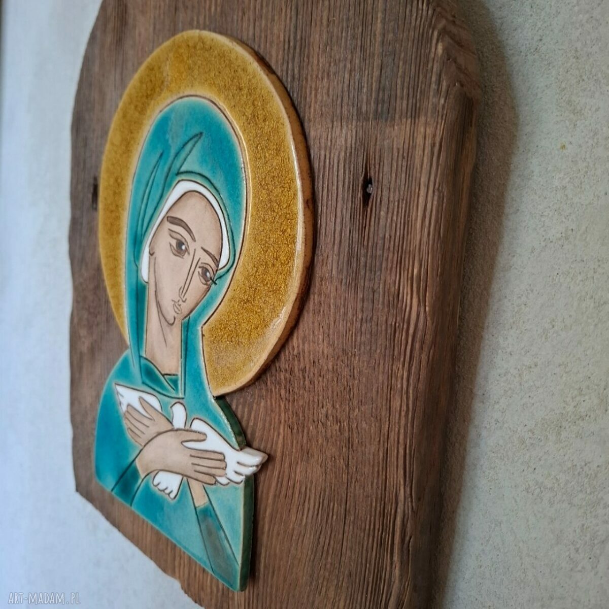 Duża ikona ceramiczna Pneumatofora na starym drewnie