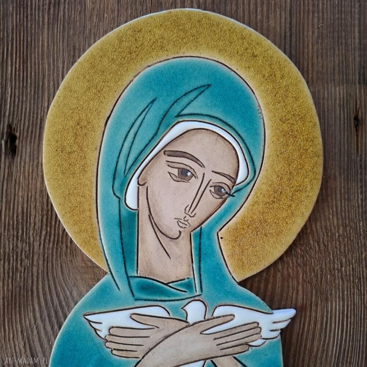 Duża ikona ceramiczna Pneumatofora na starym drewnie