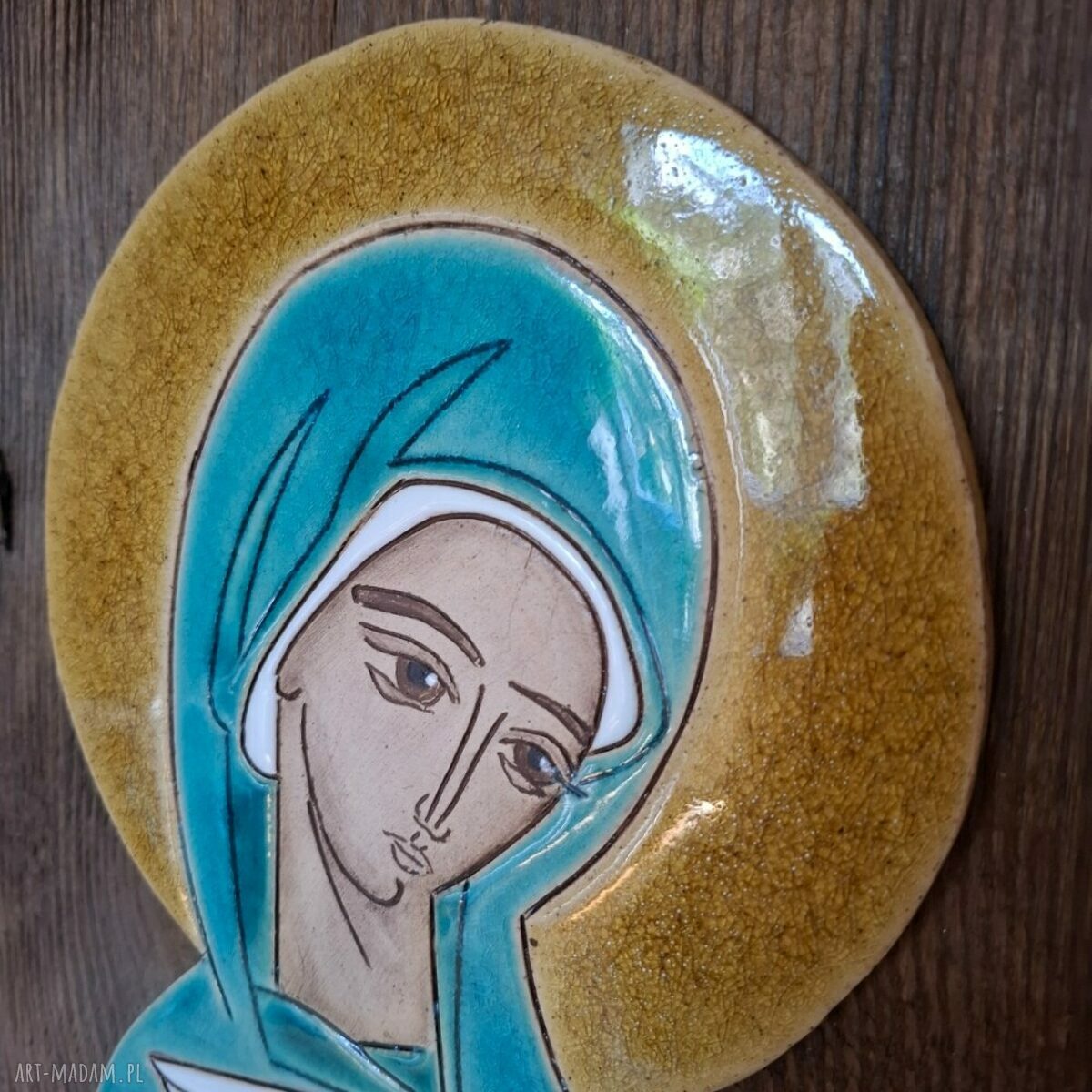 Duża ikona ceramiczna Pneumatofora na starym drewnie
