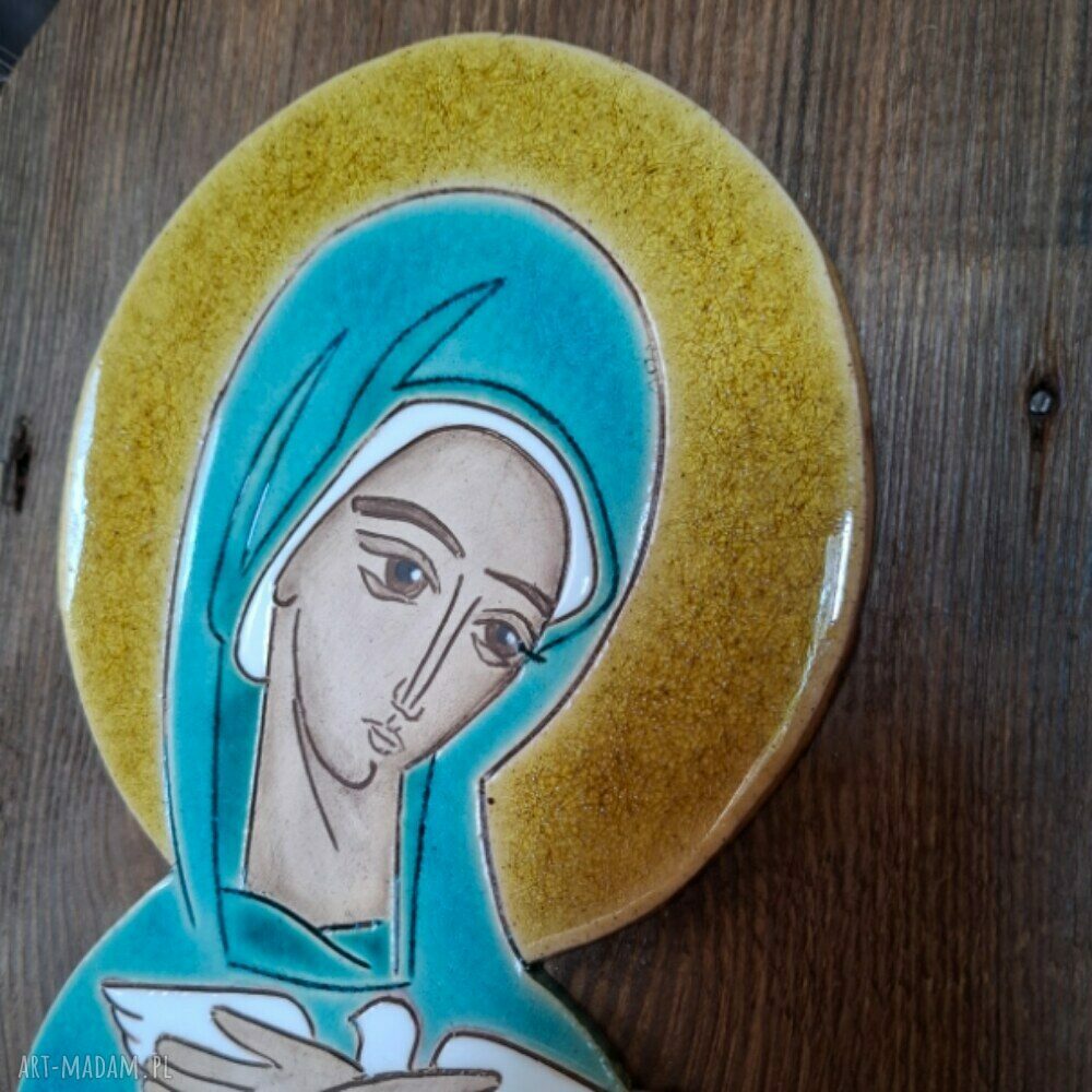 Duża ikona ceramiczna Pneumatofora na starym drewnie