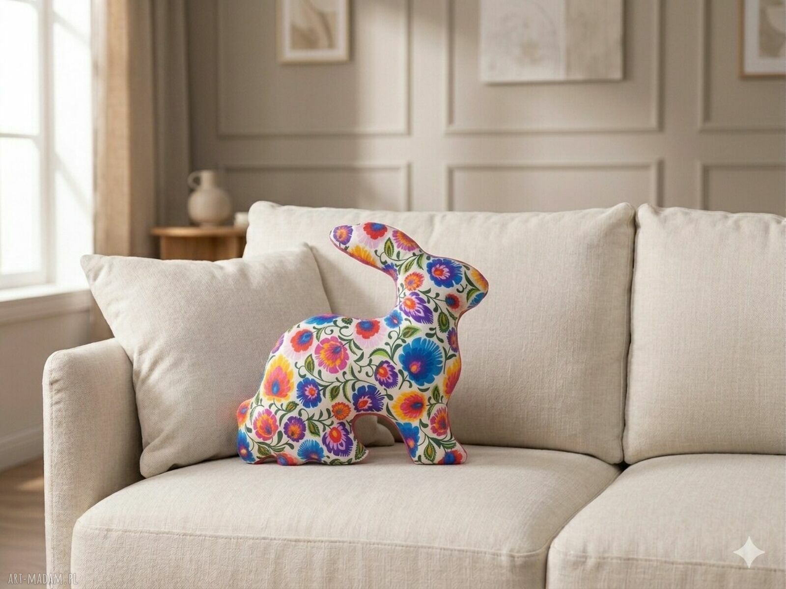 Duża poduszka króliczek z wzorem łowickim
