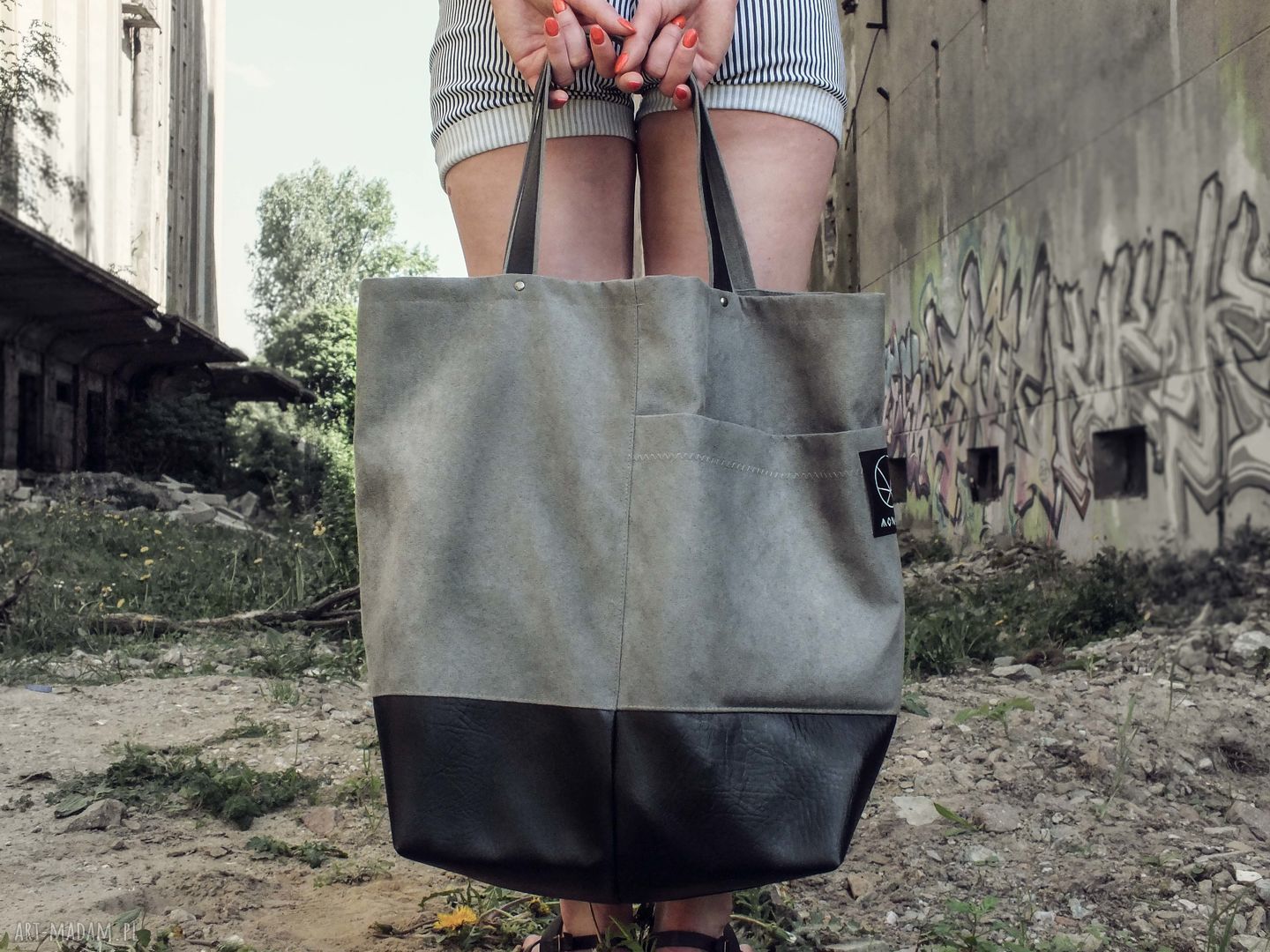 Duża szara torba shopper na zamek