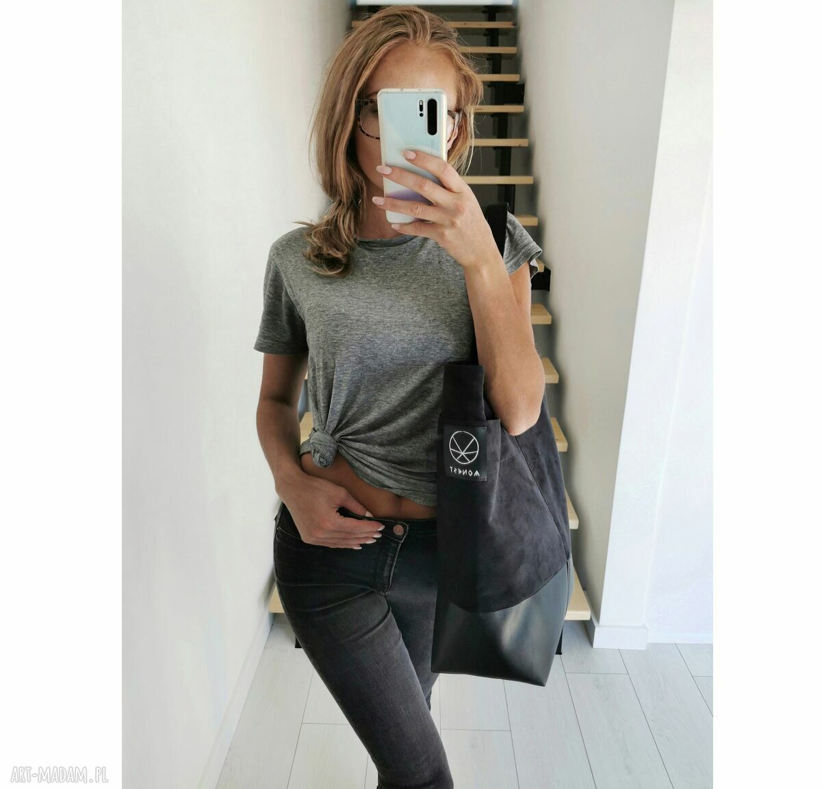 Duża szara torba shopper na zamek - na ramię