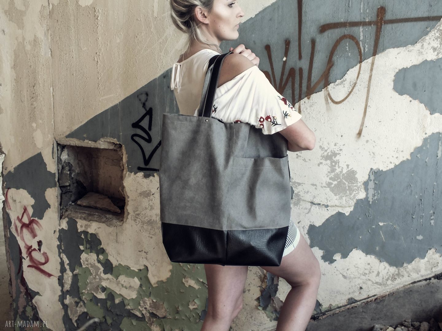 Duża szara torba shopper na zamek - na ramię