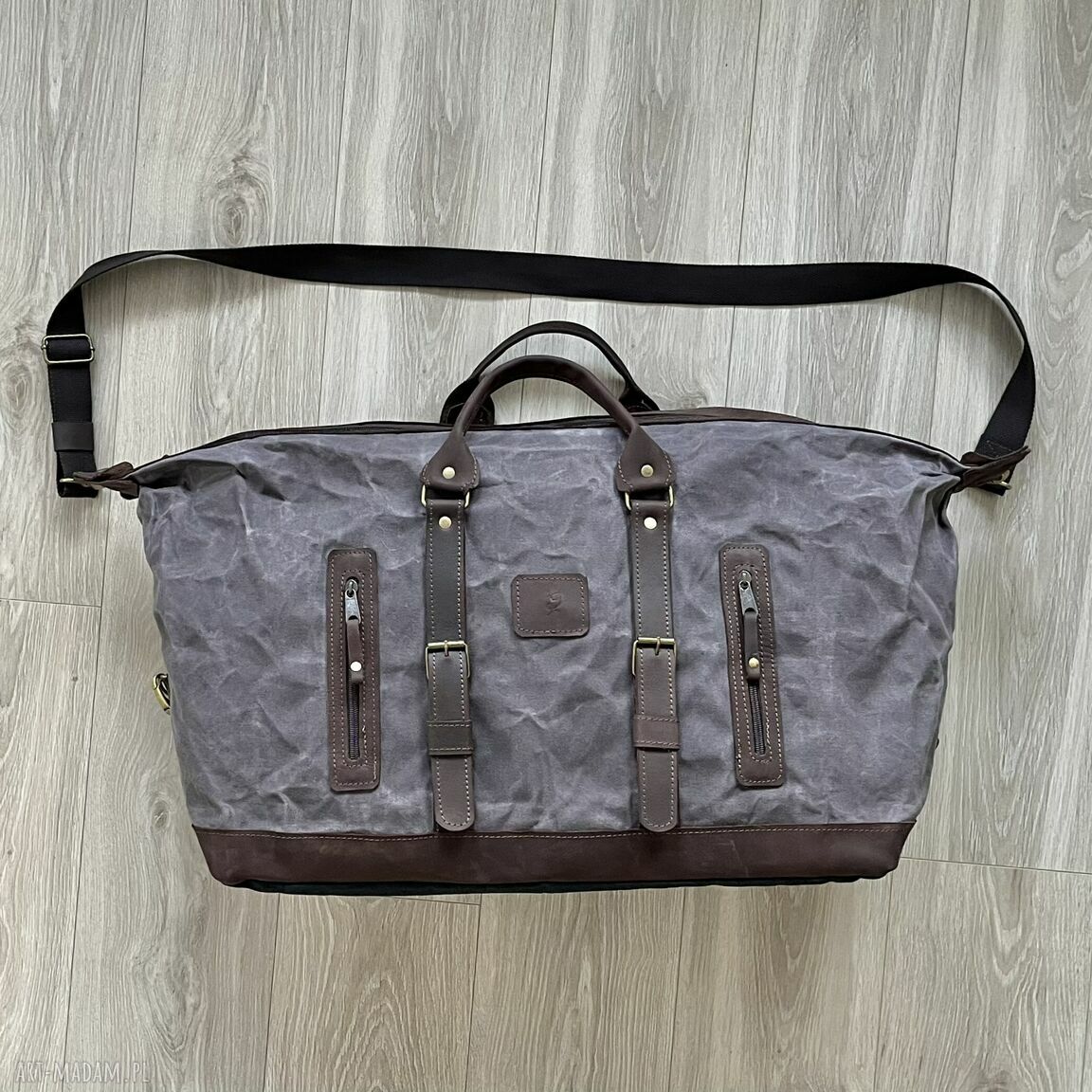 podróżne: Duża szaro brązowa torba podróżna ze skóry i bawełny woskowanej w stylu