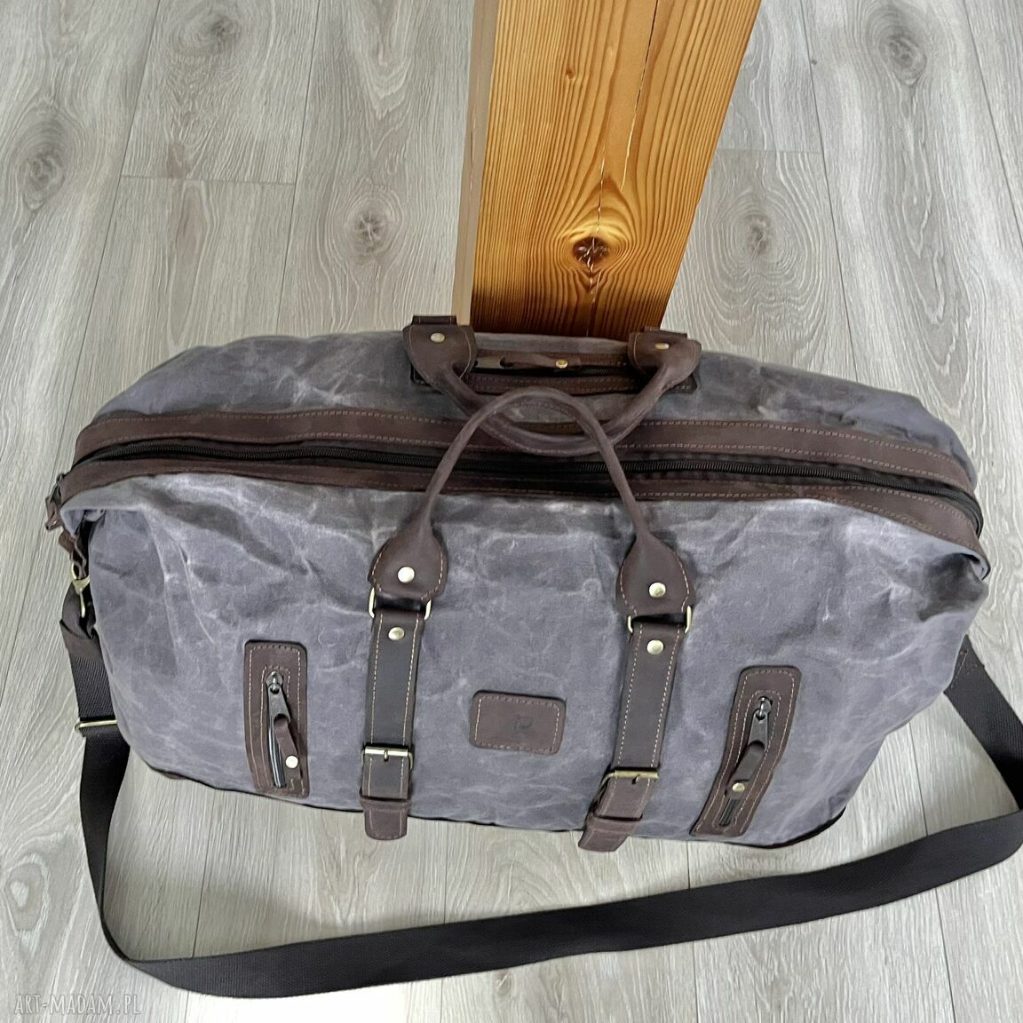 podróżne: Duża szaro brązowa torba podróżna ze skóry i bawełny woskowanej w stylu