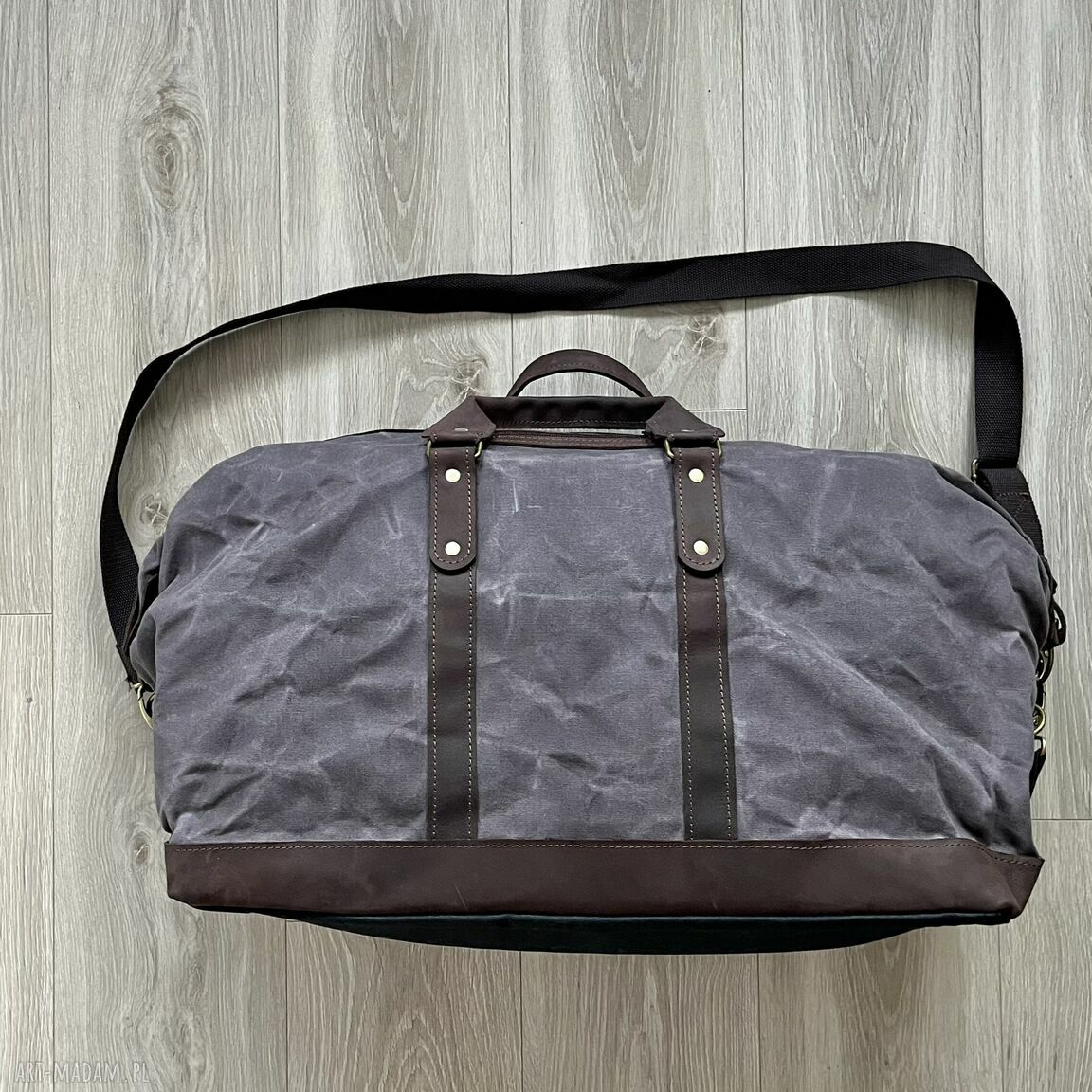 podróżne: Duża szaro brązowa torba podróżna ze skóry i bawełny woskowanej w stylu