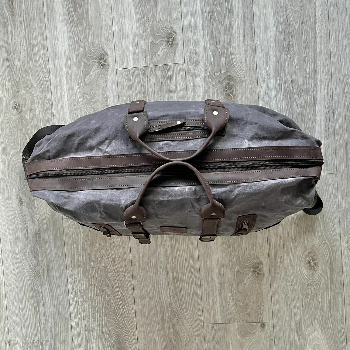 Duża szaro-brązowa torba podróżna Vintage - skóra i bawełna woskowana.