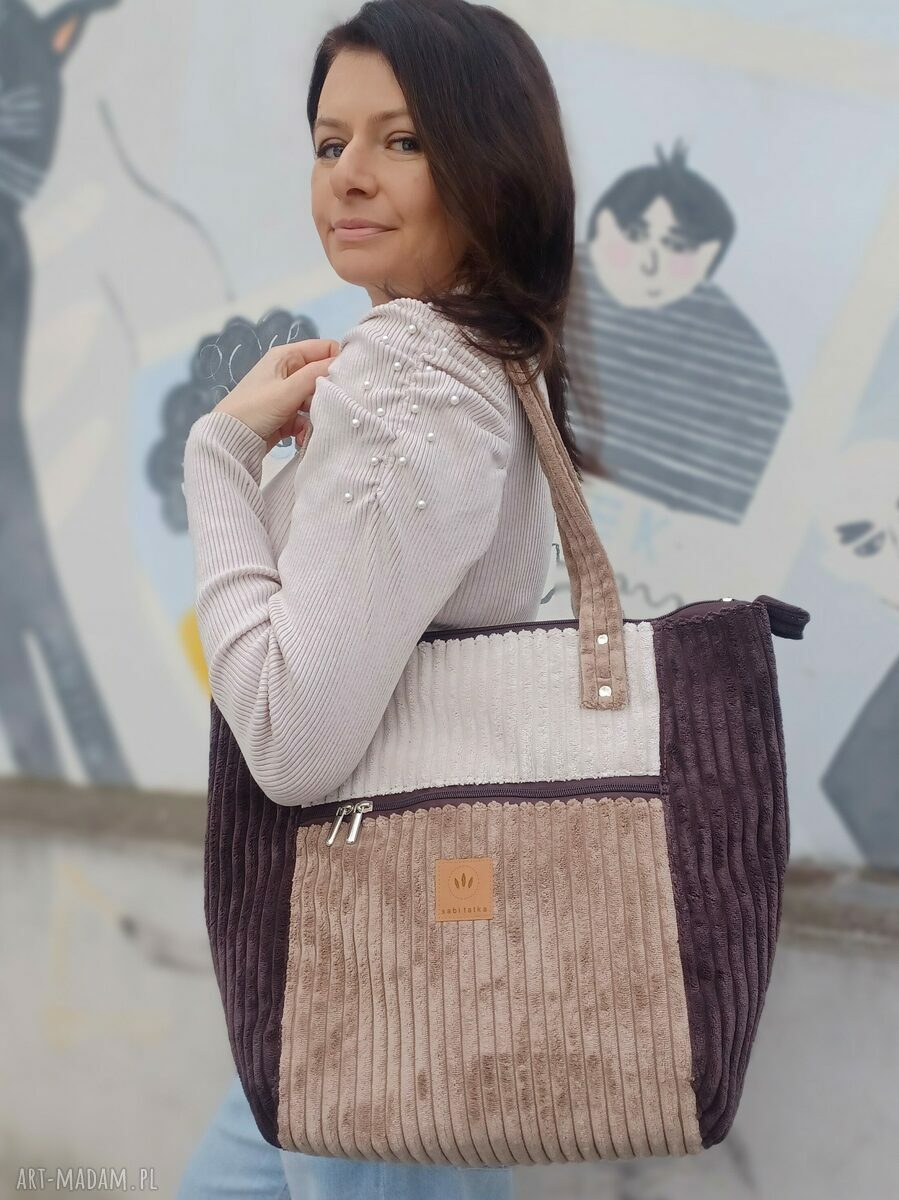 Sztruksowa duża torba shopper Mocha na ramię