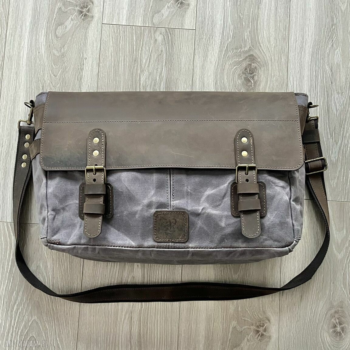 Duża teczka skóry bawełny woskowanej popielata torba vintage