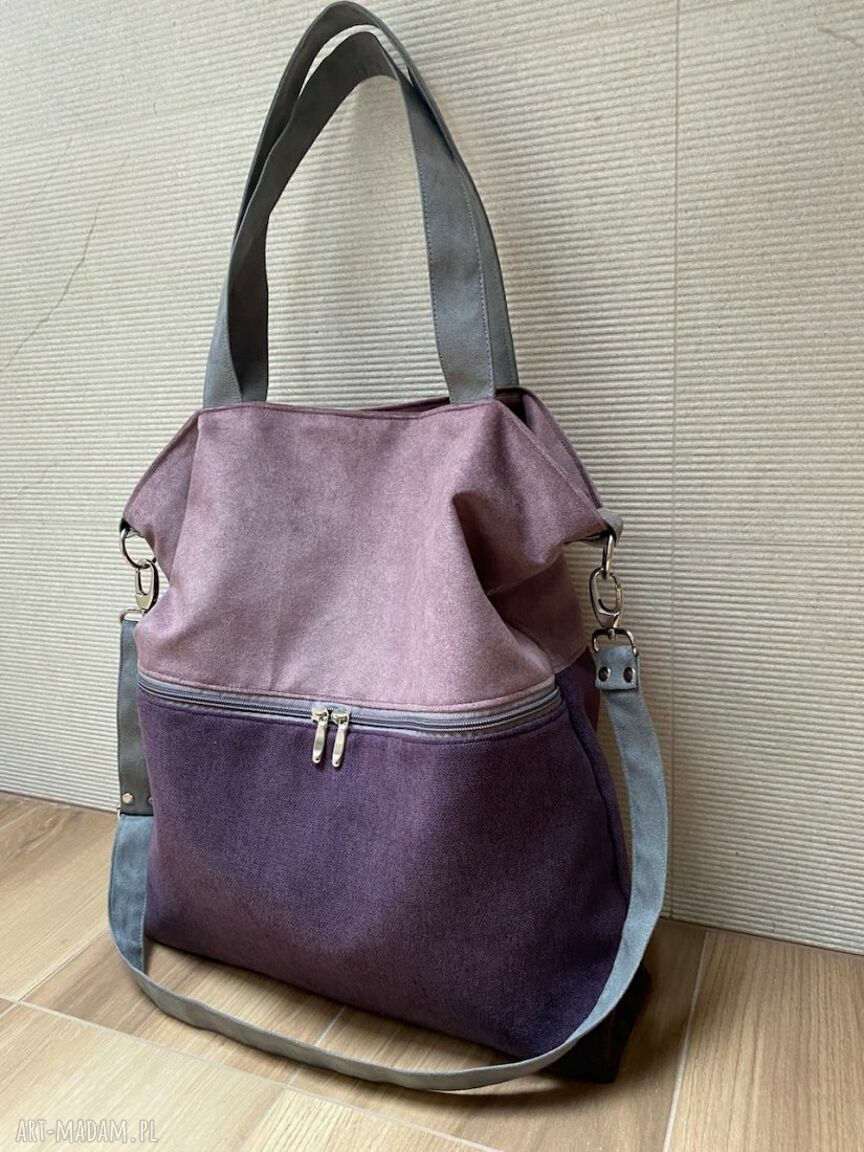 Duża torba hobo na ramię z kieszenią na zamek - wrzos, fiolet i szary