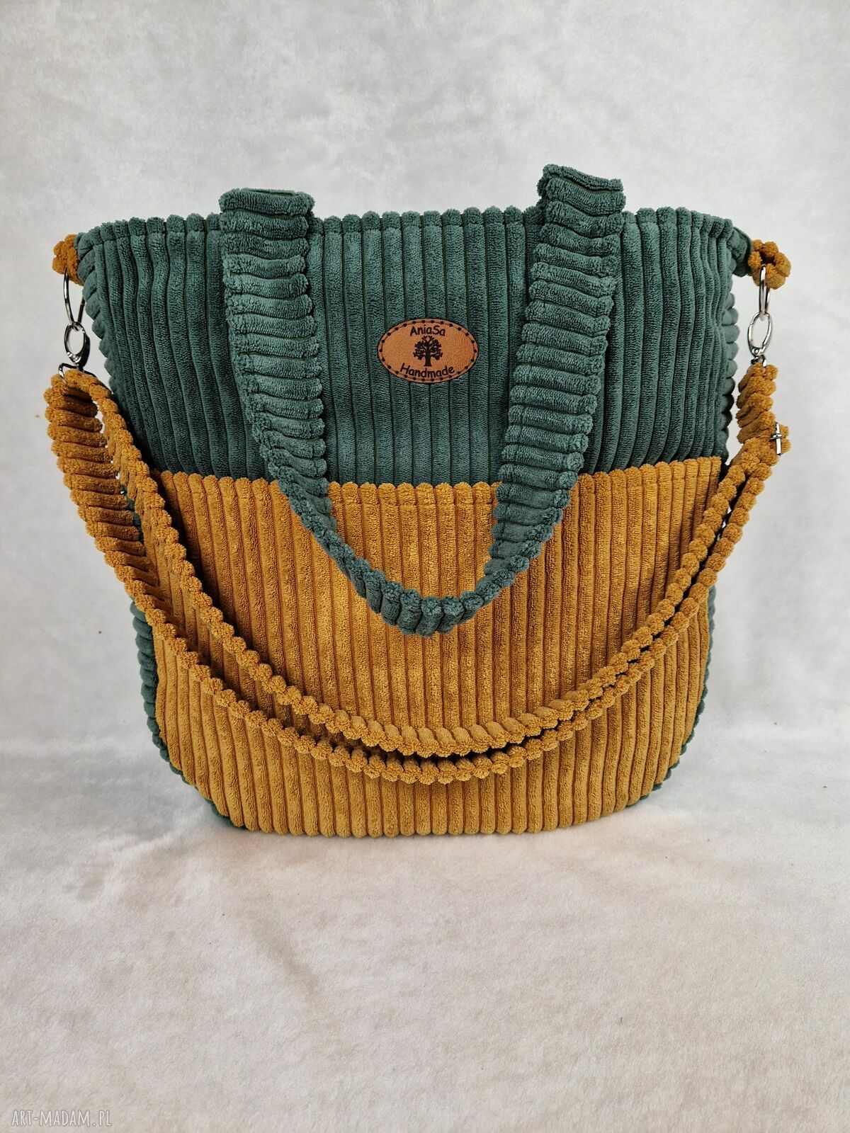 Duża torba na ramię handmade - butelkowa zieleń i musztarda