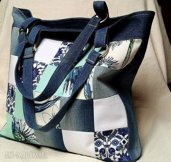 Duża torba na ramię z recyklingu jeansu - patchwork i 4 kieszonki
