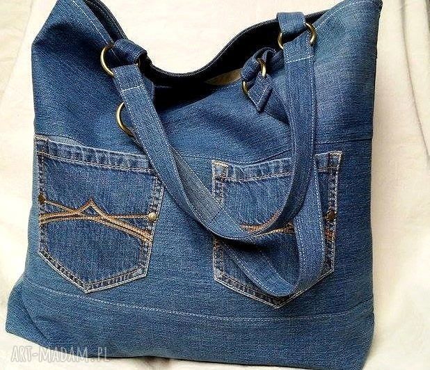 Duża torba na ramię z recyklingu jeansu - patchwork i 4 kieszonki